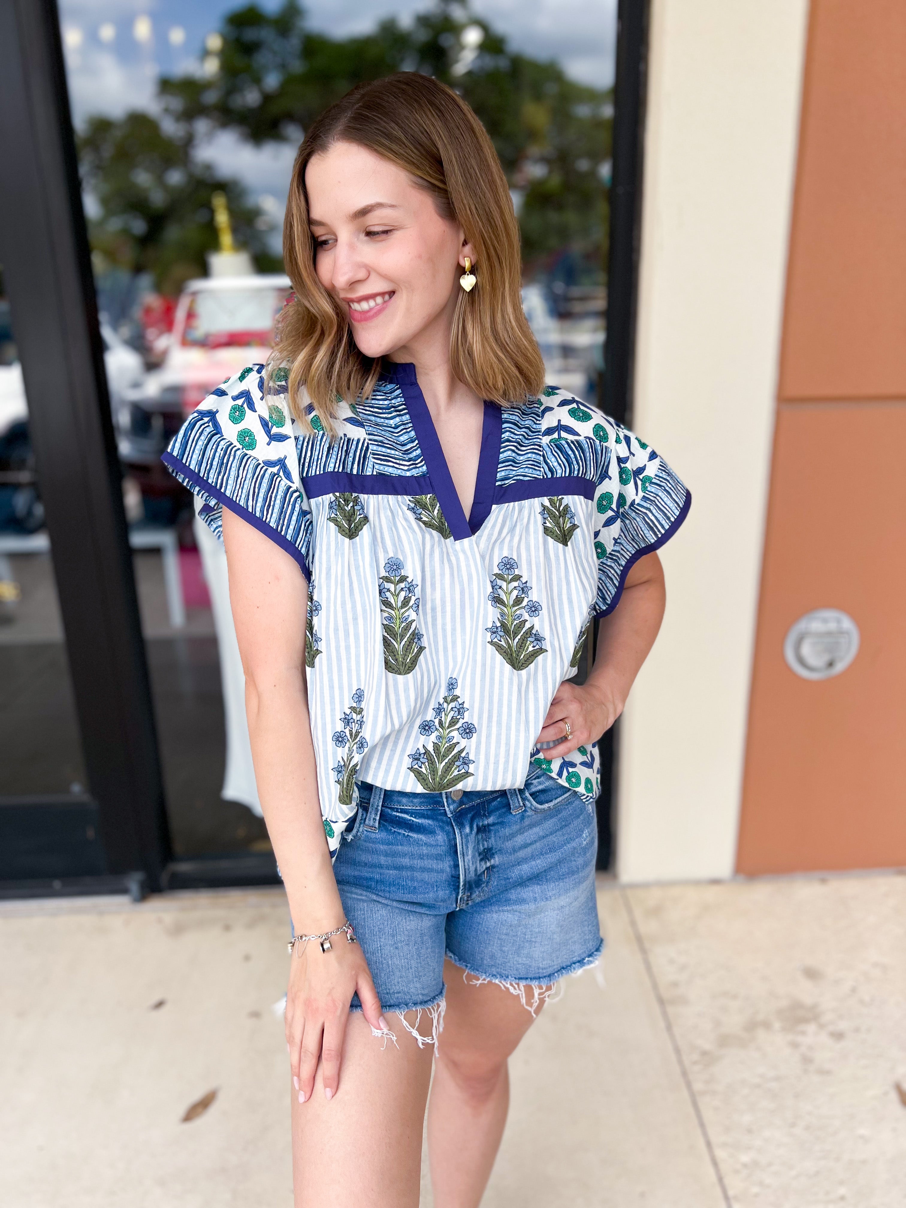 THML - Blue Floral Block Print Blouse-200 Fashion Blouses-THML-July & June Women's Fashion Boutique Located in San Antonio, Texas