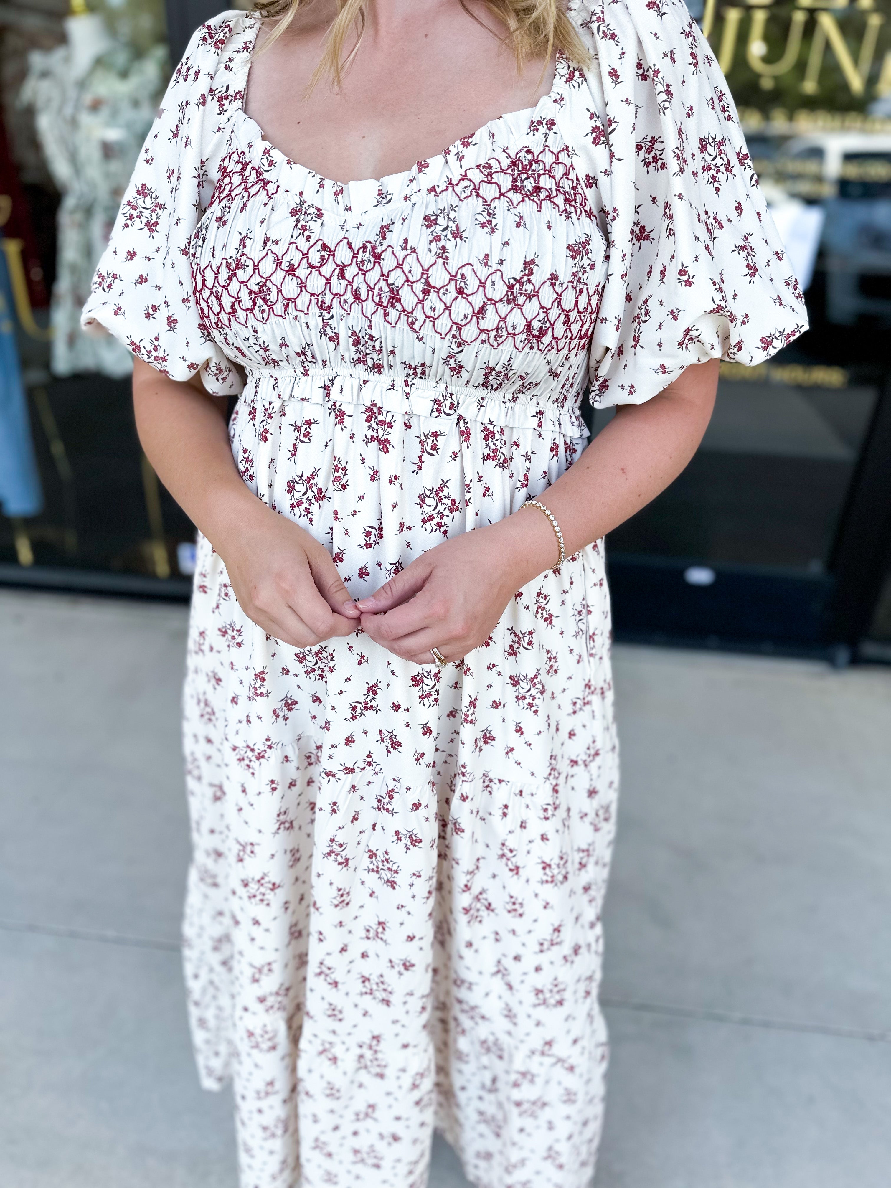 Burgundy Vintage Floral Midi Dress-500 Midi-POLOGRAM-July & June Women's Fashion Boutique Located in San Antonio, Texas