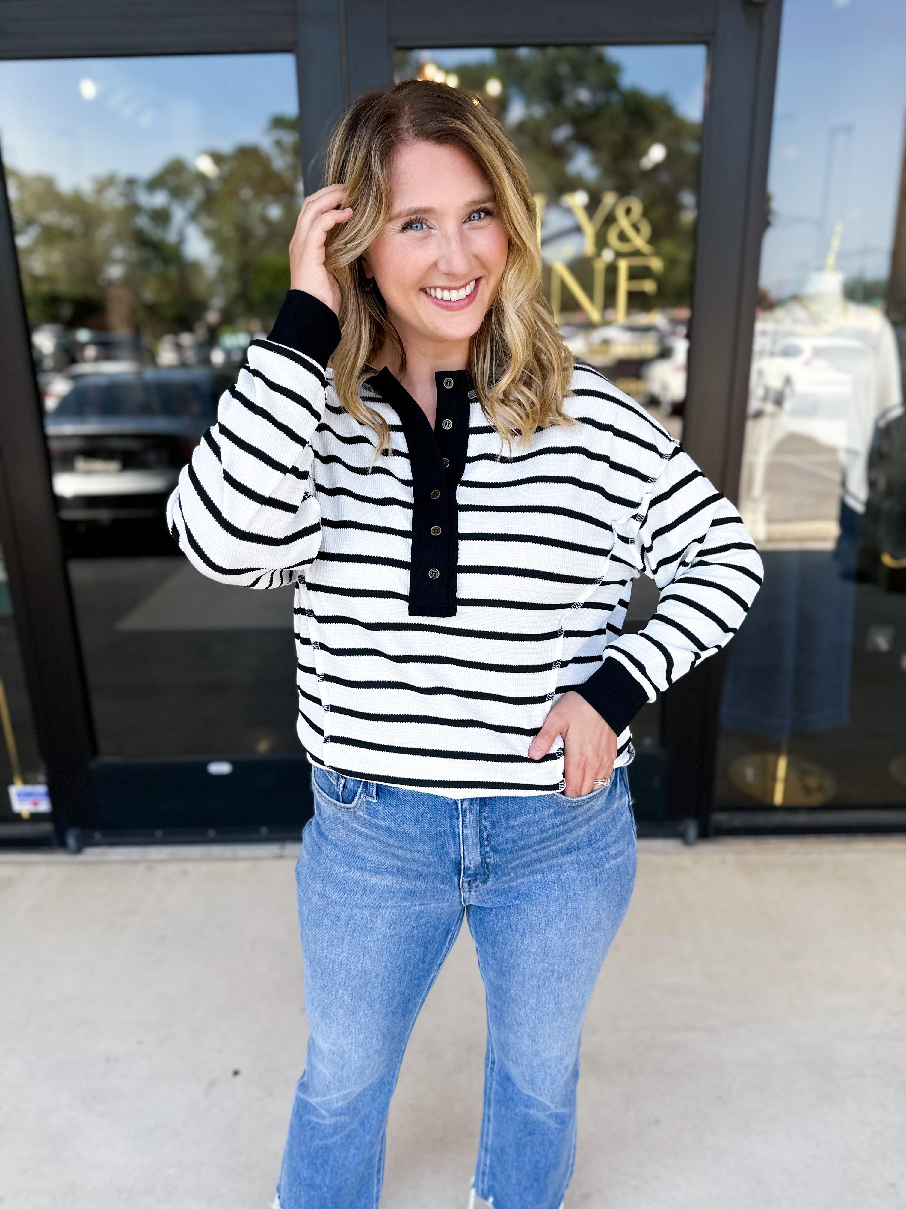 Comfy Henley Long Sleeve Top - Black & White-210 Casual Blouses-POLOGRAM-July & June Women's Fashion Boutique Located in San Antonio, Texas