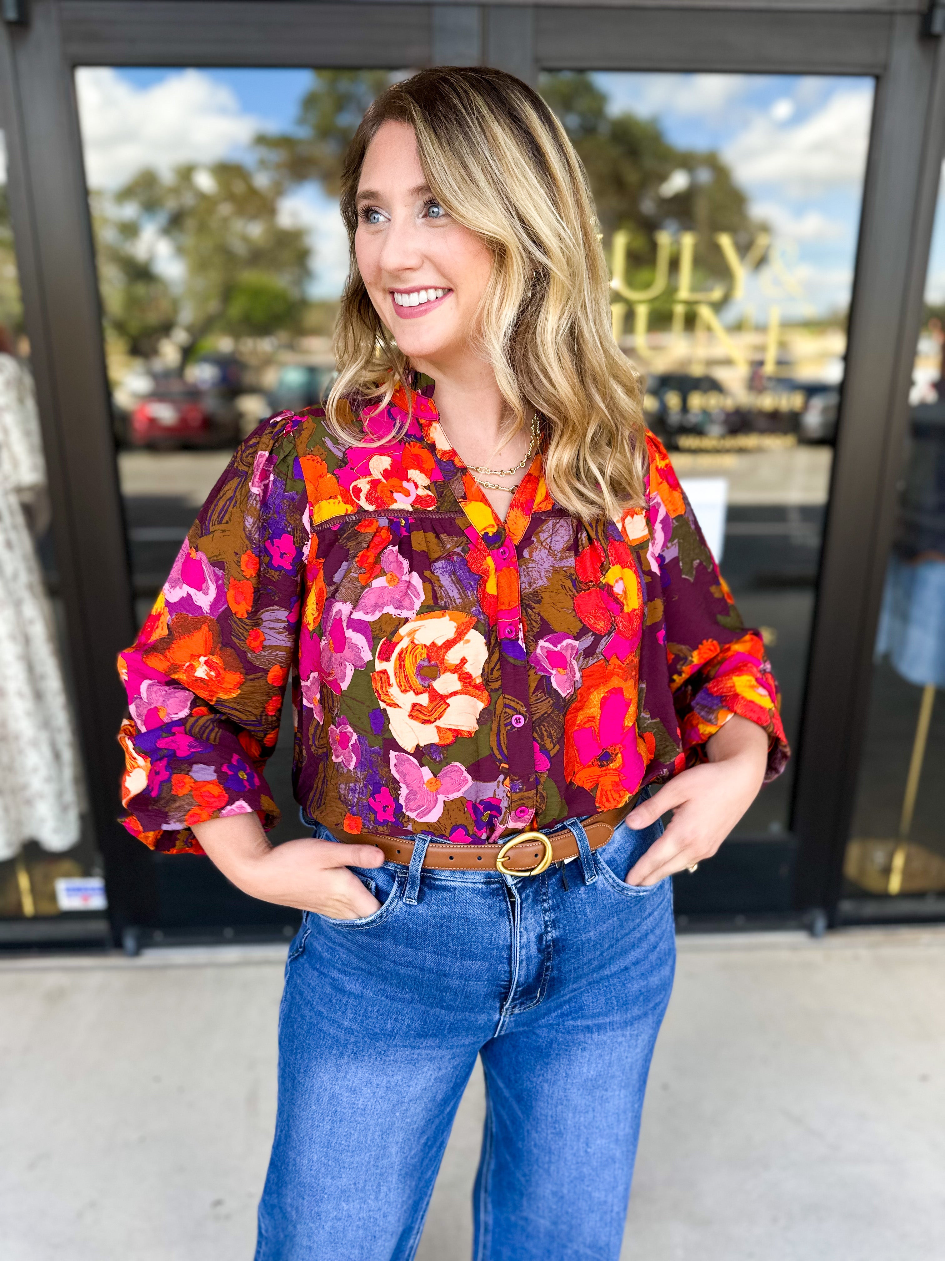 Vibrant Fall Florals Blouse-200 Fashion Blouses-FATE-July & June Women's Fashion Boutique Located in San Antonio, Texas