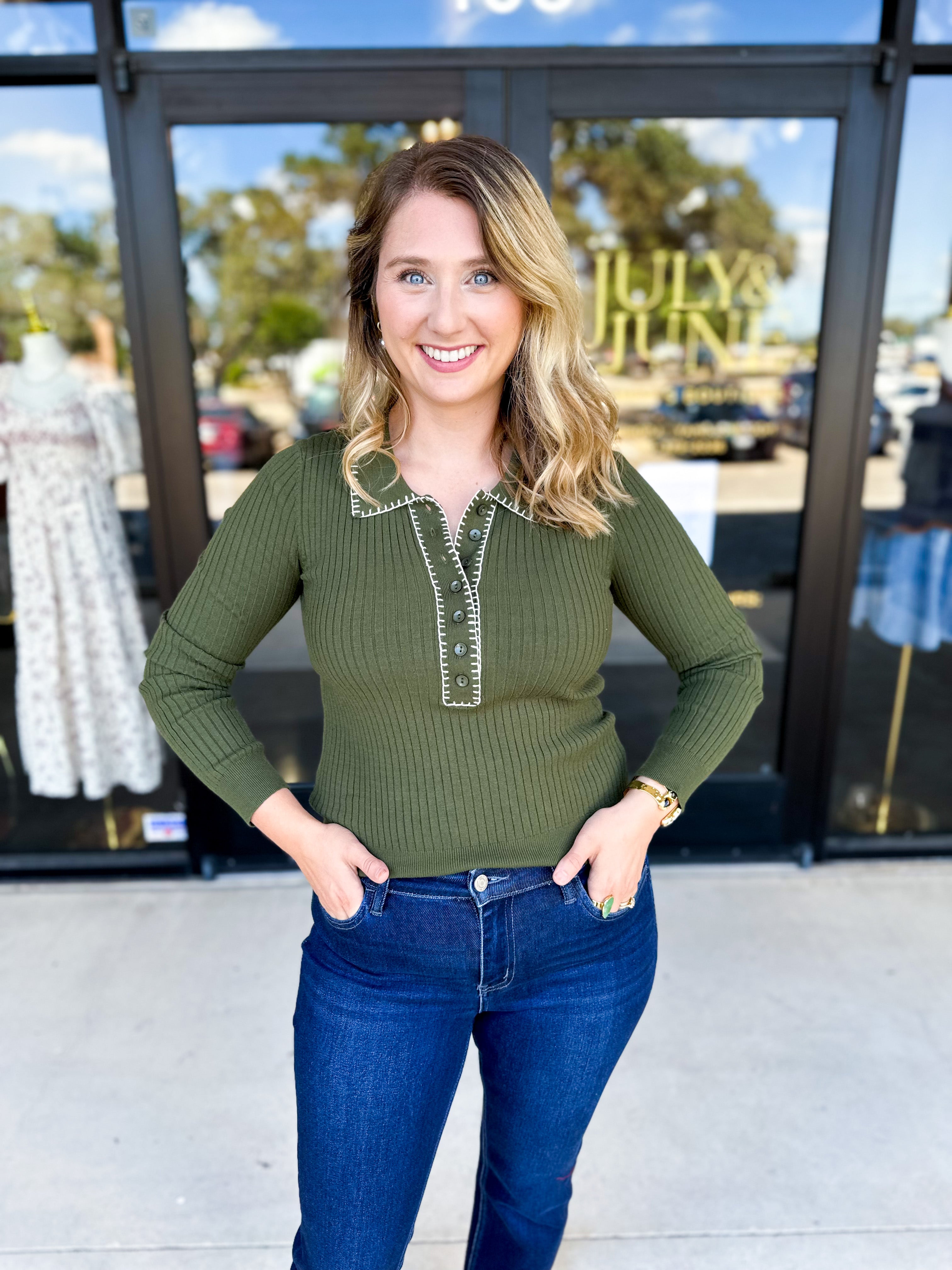 Tailored Knit Long Sleeve - Olive-230 Sweaters/Cardis-LISTICLE-July & June Women's Fashion Boutique Located in San Antonio, Texas
