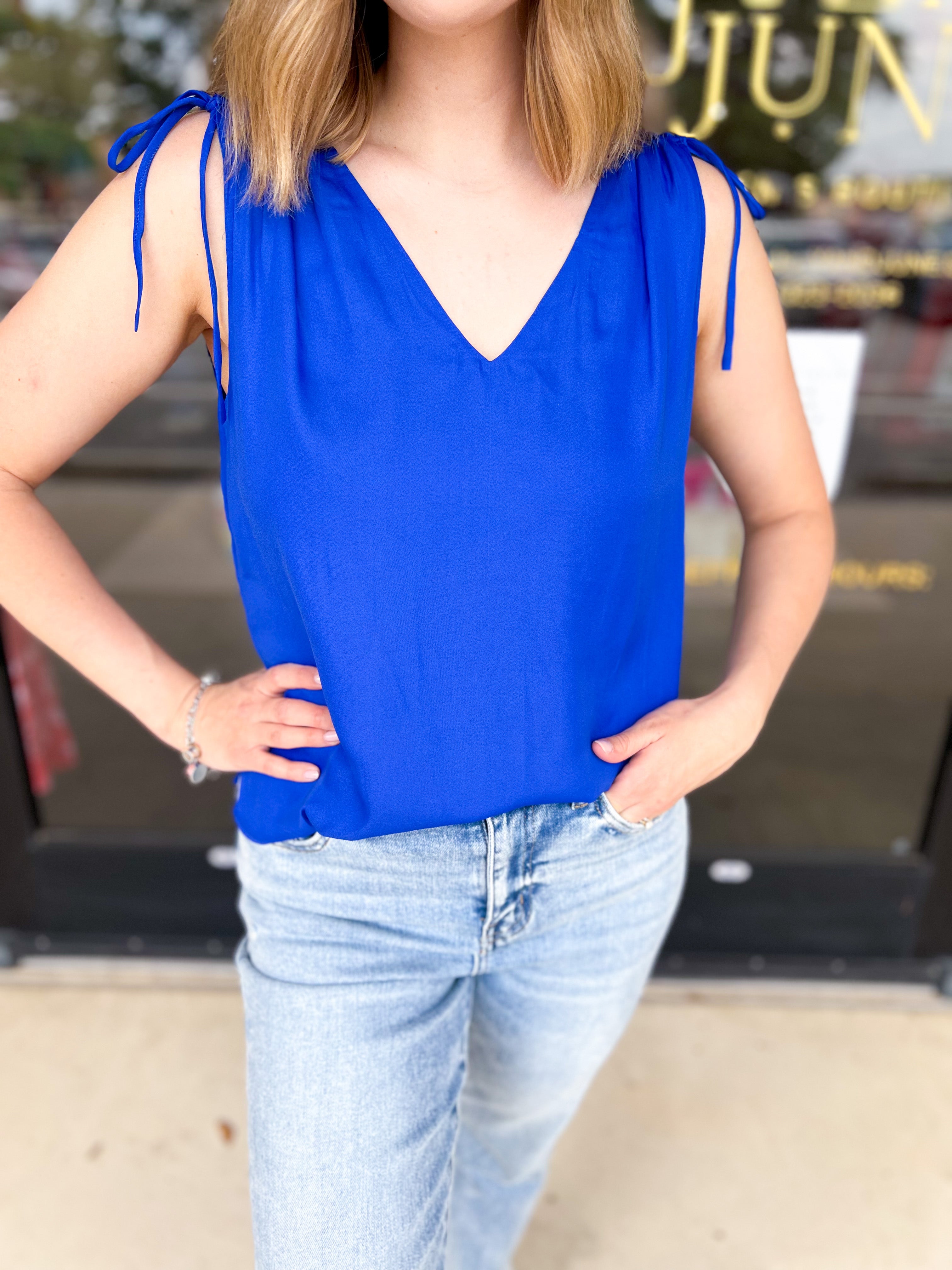 Elevated Shoulder Tie Tank- Cobalt Blue-200 Fashion Blouses-SKIES ARE BLUE-July & June Women's Fashion Boutique Located in San Antonio, Texas