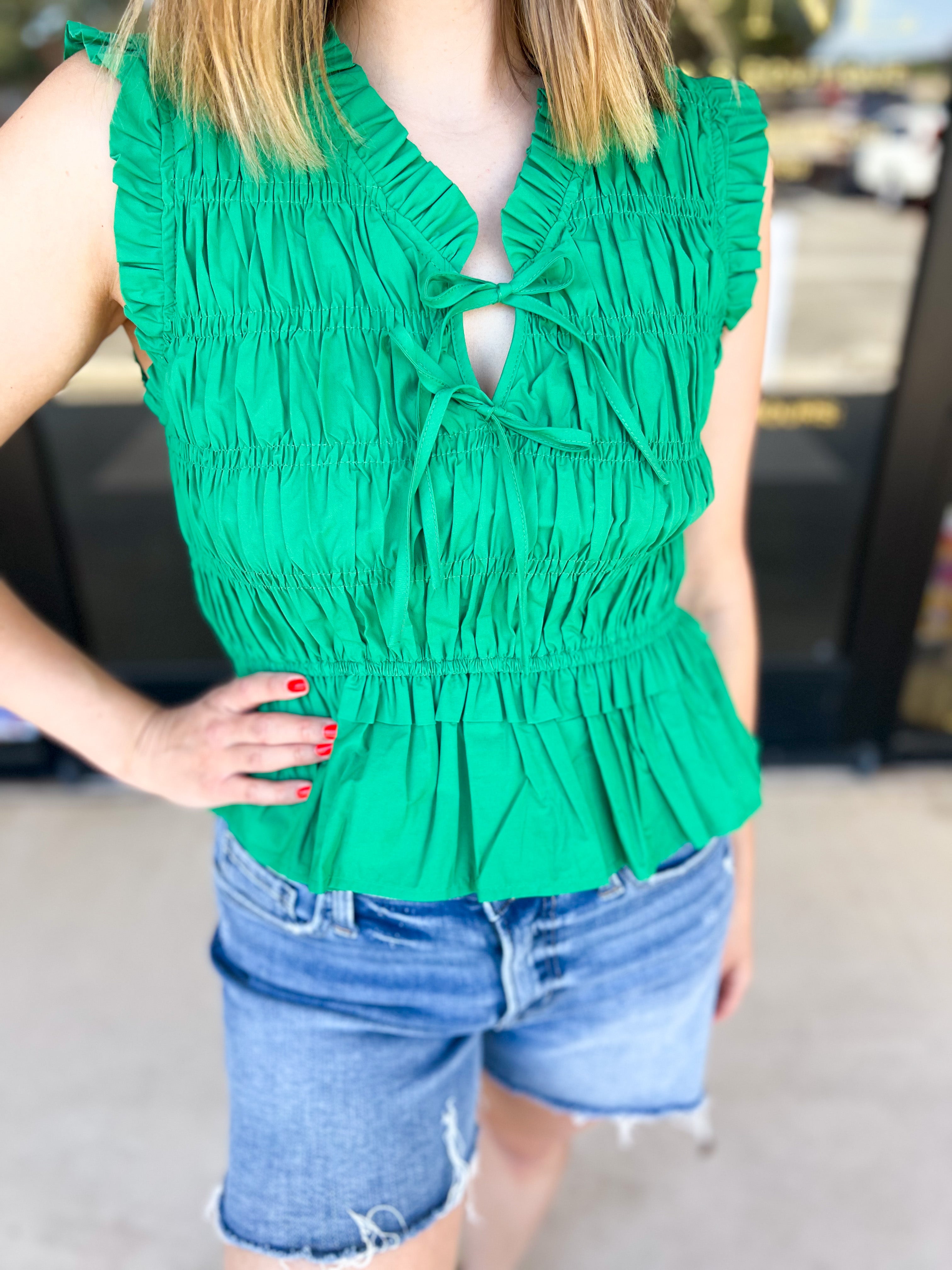 Kelly Green Tied Up Blouse-200 Fashion Blouses-PINCH-July & June Women's Fashion Boutique Located in San Antonio, Texas