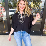Varsity Cheetah Detail Blouse - Black-200 Fashion Blouses-ENTRO-July & June Women's Fashion Boutique Located in San Antonio, Texas