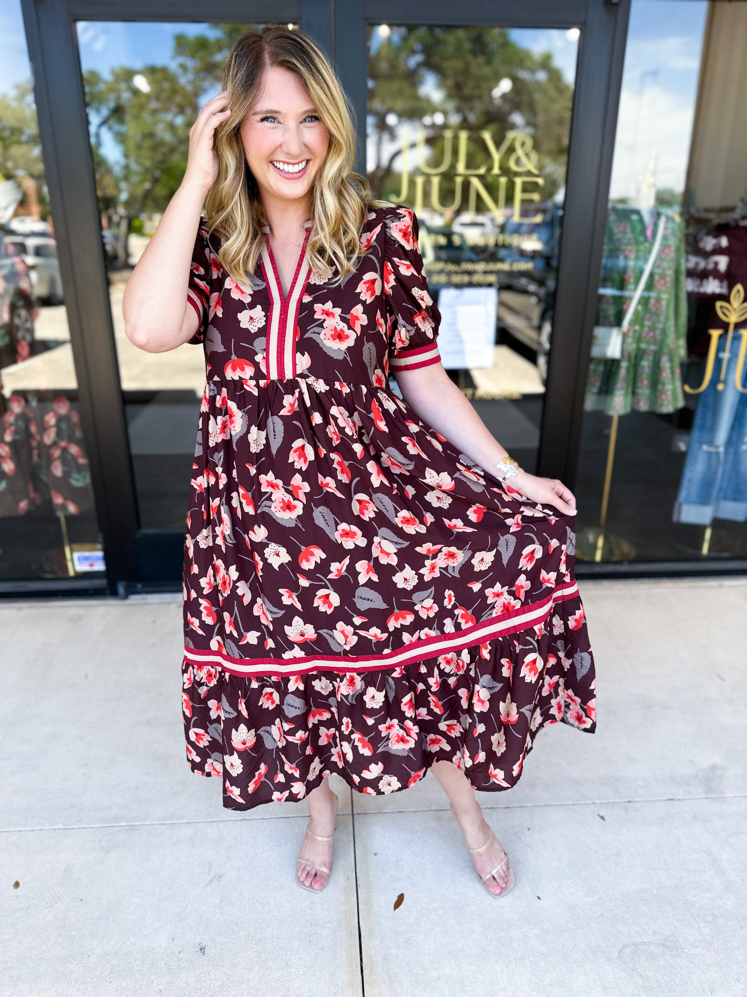Chocolate Brown Floral Midi Dress-500 Midi-ENTRO-July & June Women's Fashion Boutique Located in San Antonio, Texas