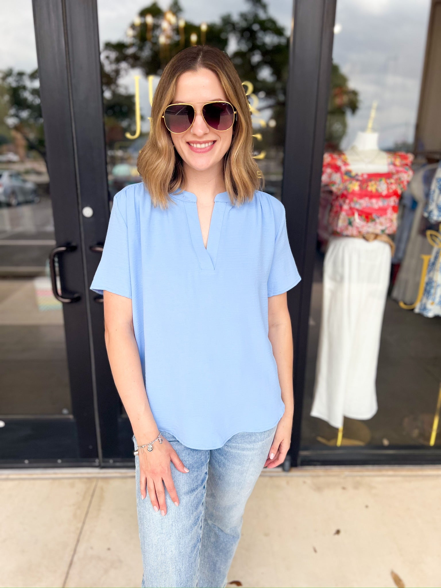 Classic V-Neck Blouse - Light Blue-200 Fashion Blouses-ENTRO-July & June Women's Fashion Boutique Located in San Antonio, Texas