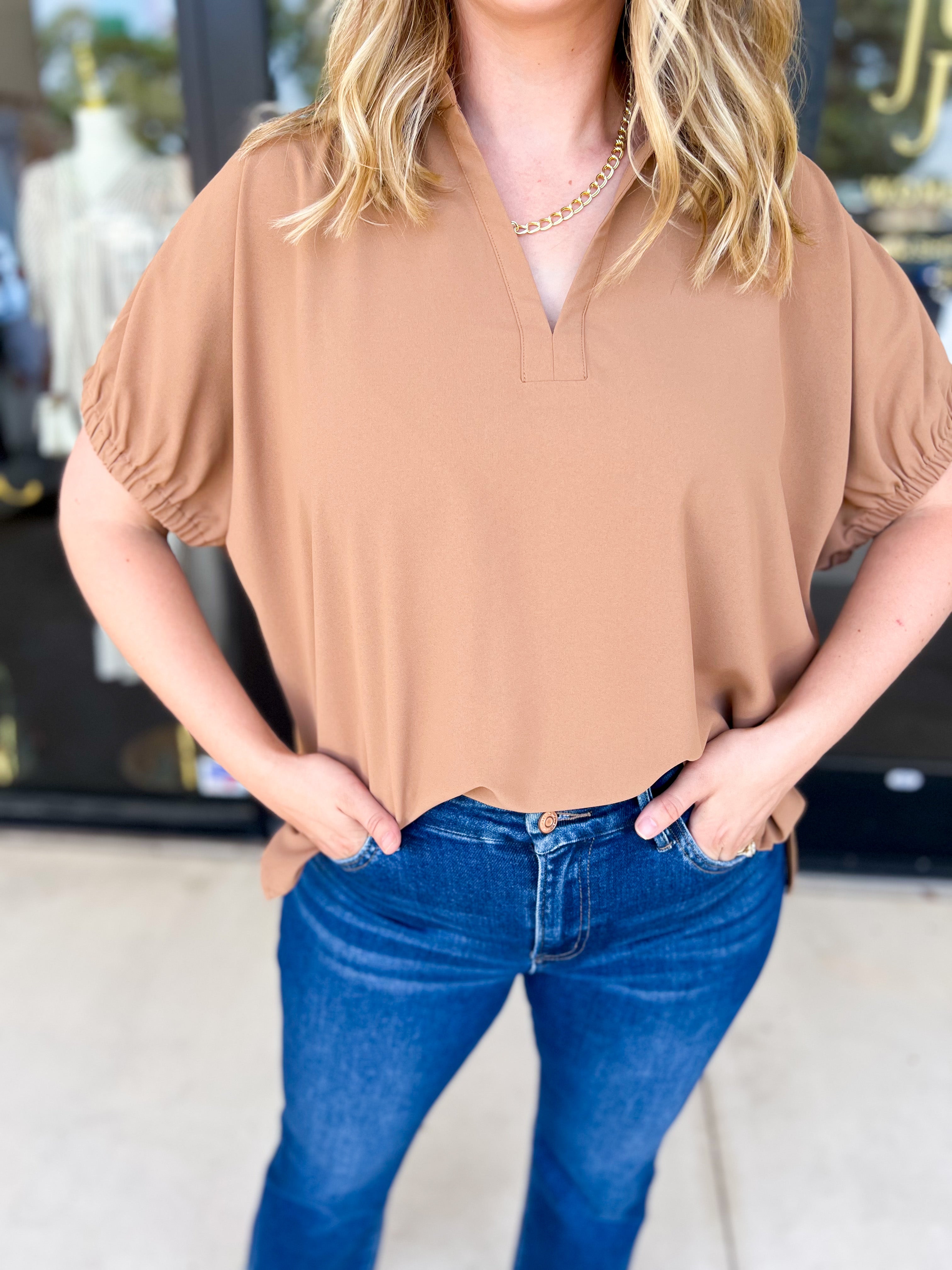 Closet Staple Collared Blouse - Camel-200 Fashion Blouses-ENTRO-July & June Women's Fashion Boutique Located in San Antonio, Texas