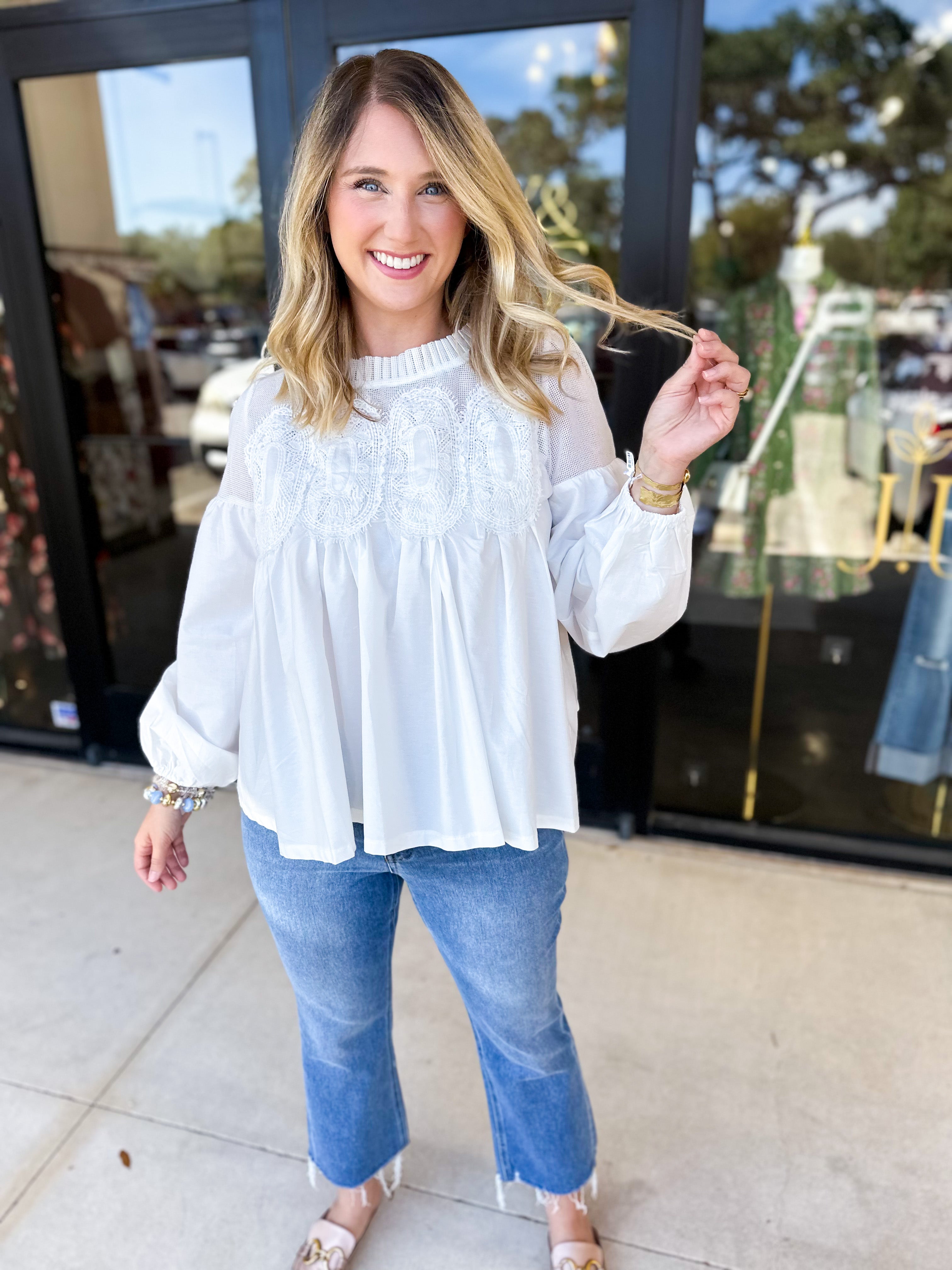 The Lace Details Blouse Long Sleeve - Ivory-200 Fashion Blouses-FATE-July & June Women's Fashion Boutique Located in San Antonio, Texas