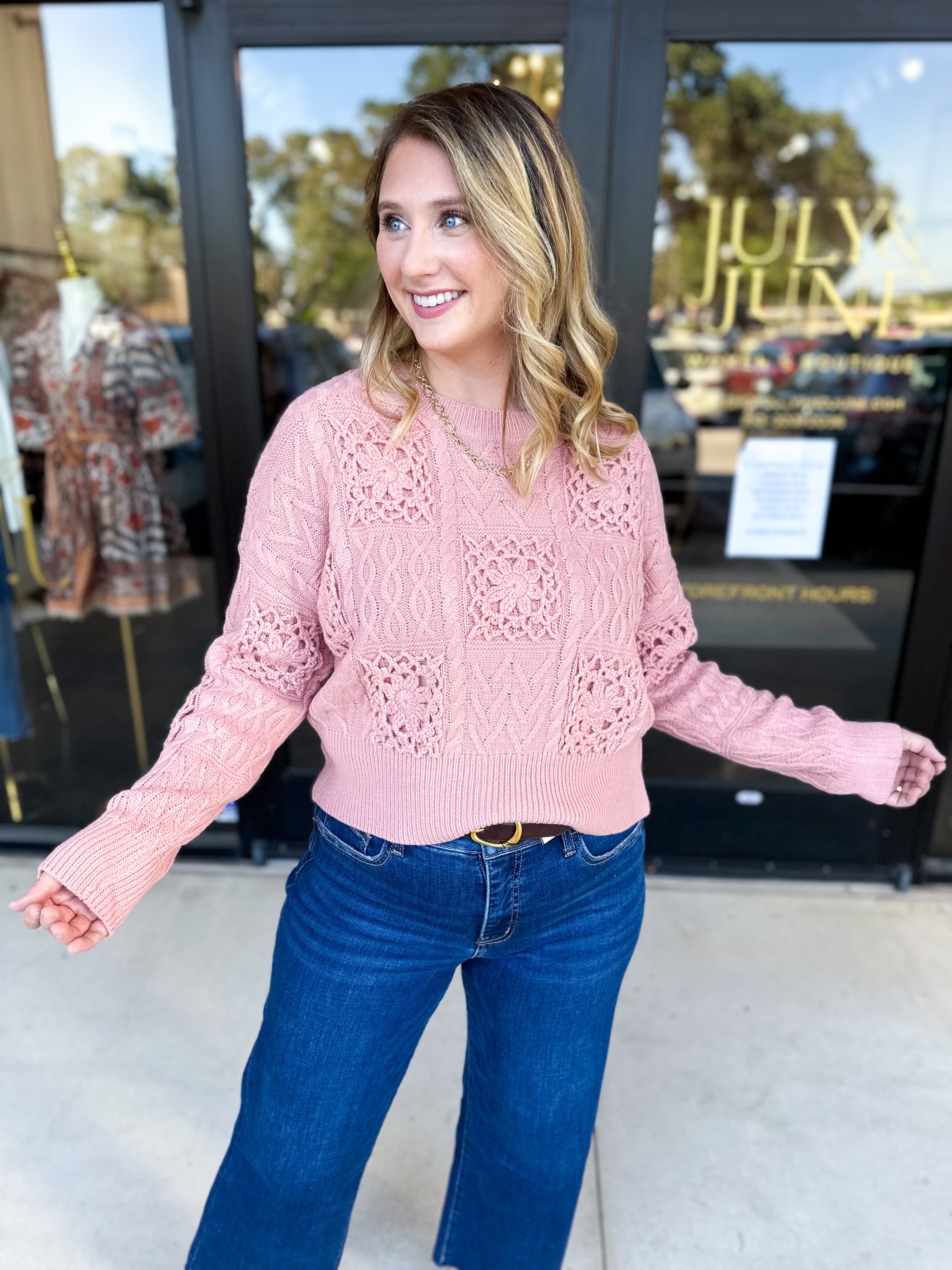 Blush Crochet Sweater-230 Sweaters/Cardis-LISTICLE-July & June Women's Fashion Boutique Located in San Antonio, Texas