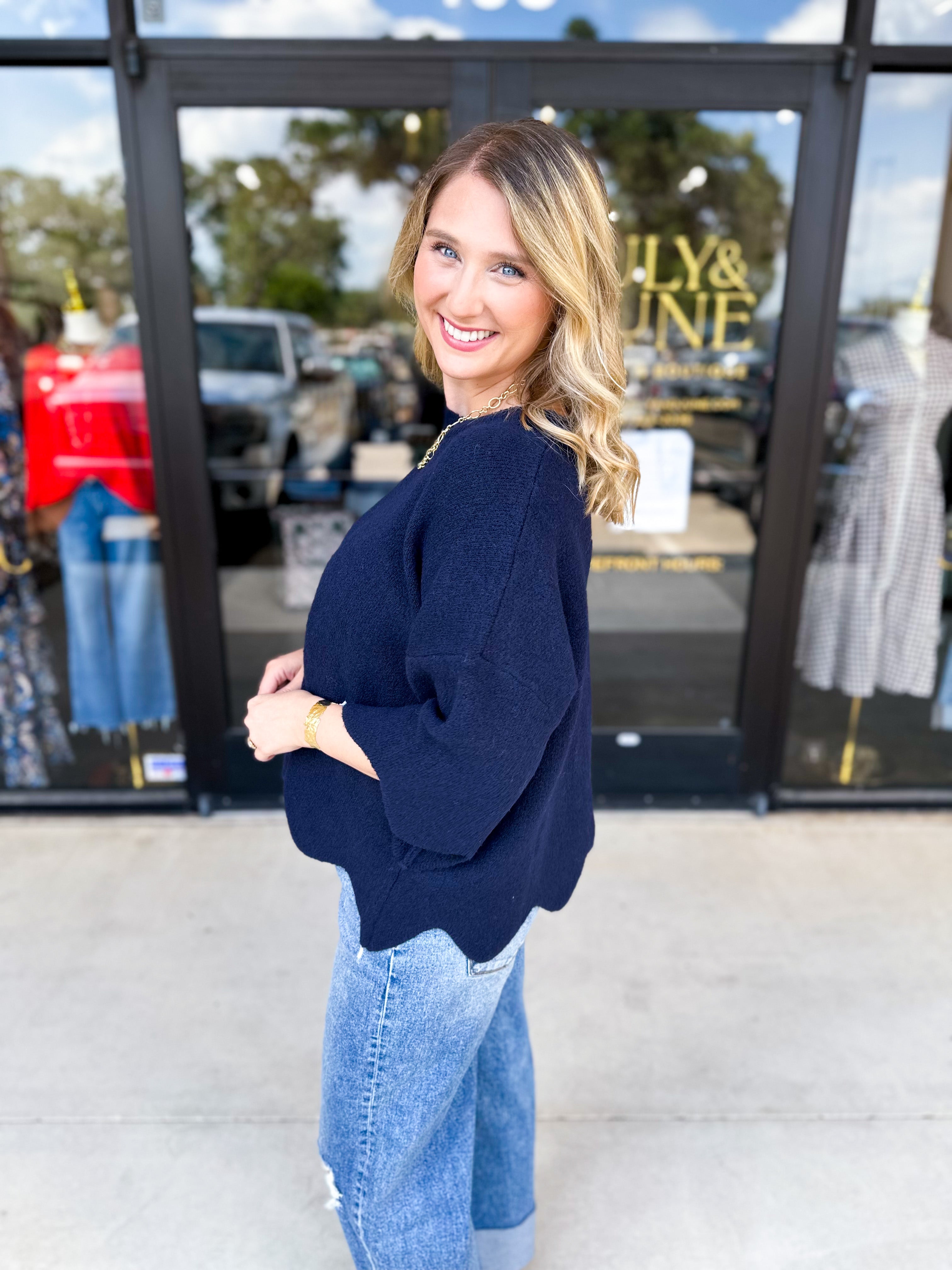 Scalloped Sweater Top - Navy-230 Sweaters/Cardis-ENTRO-July & June Women's Fashion Boutique Located in San Antonio, Texas