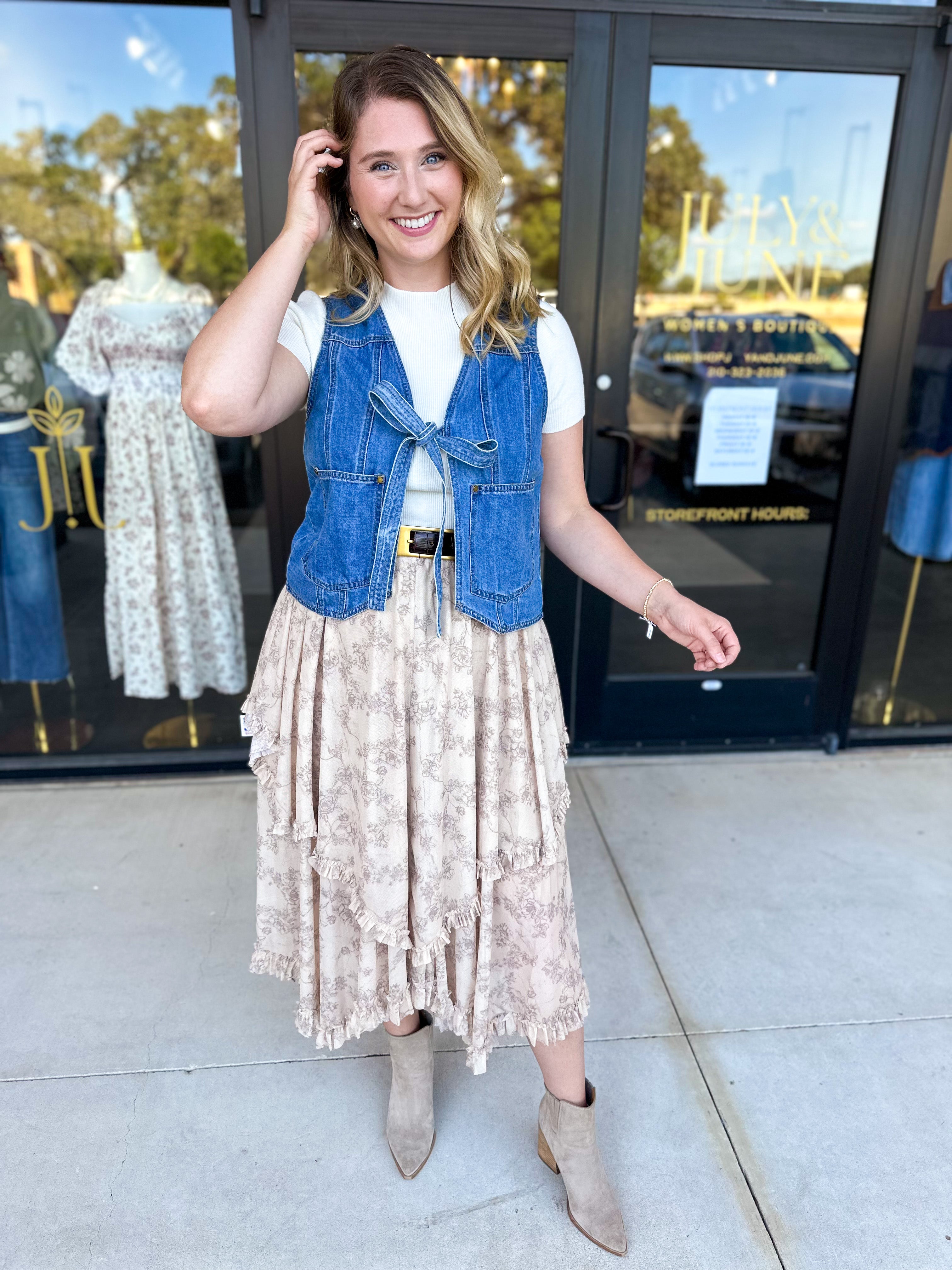 Front Tie Denim Vest-600 Outerwear-LISTICLE-July & June Women's Fashion Boutique Located in San Antonio, Texas