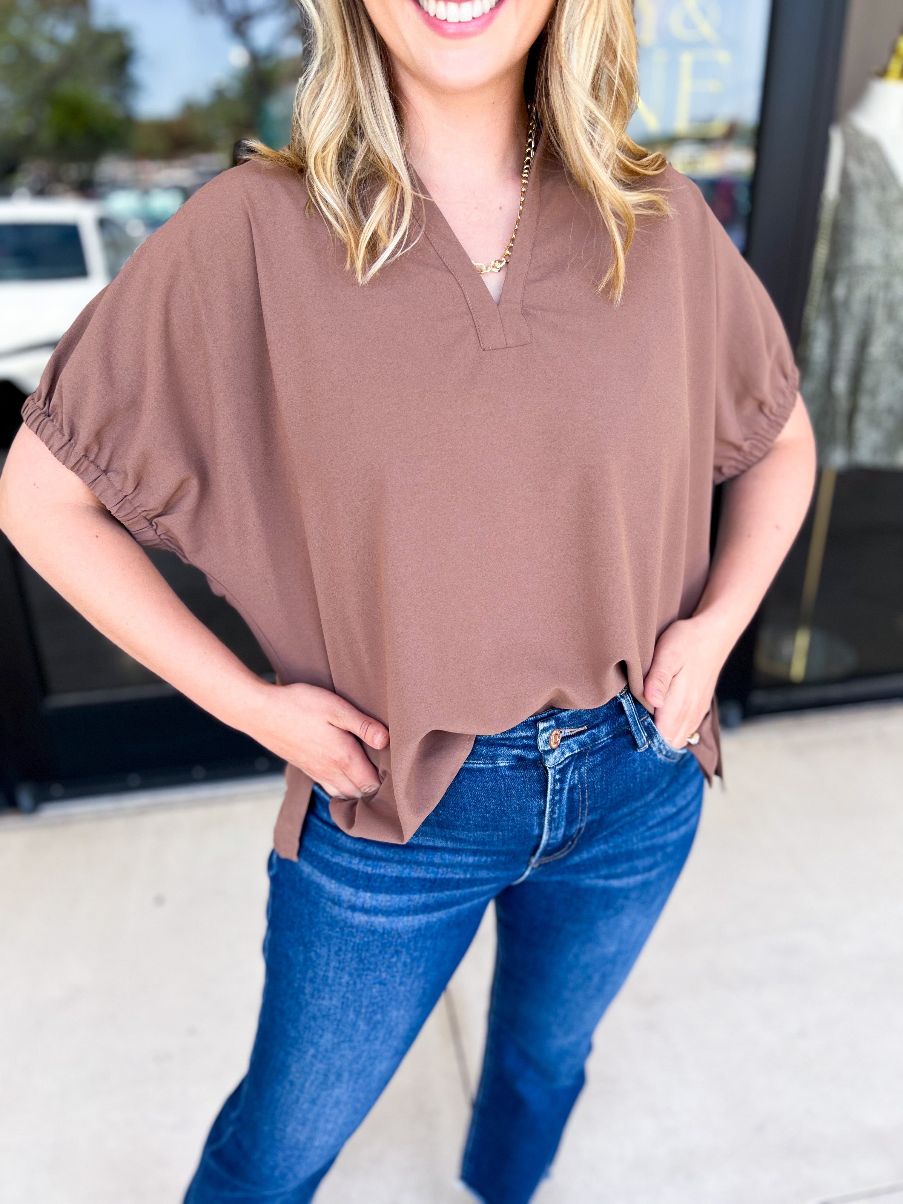 Closet Staple Collared Blouse - Mocha-200 Fashion Blouses-ENTRO-July & June Women's Fashion Boutique Located in San Antonio, Texas