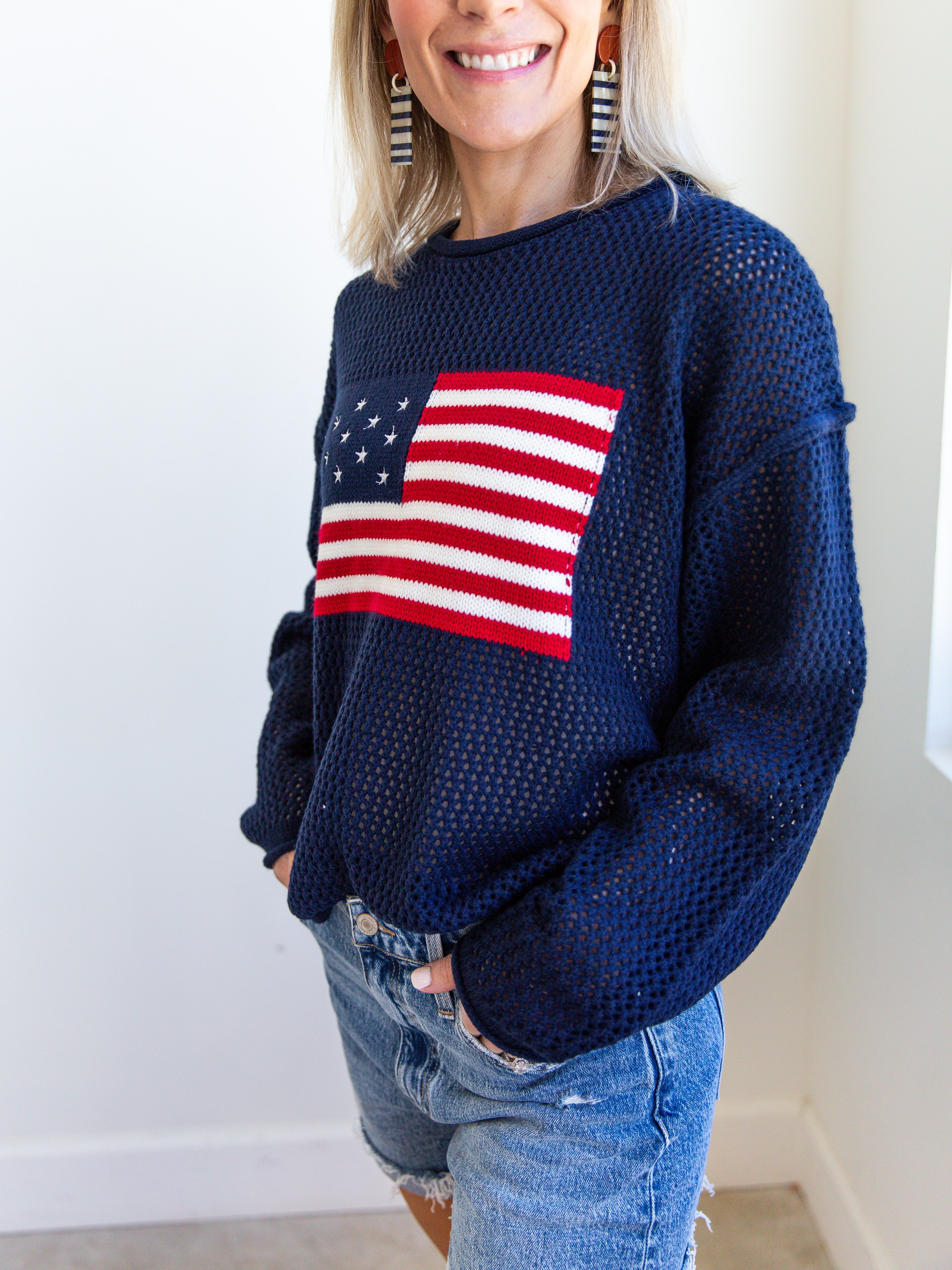 American Vintage Knit Sweater Top - Navy-230 Sweaters/Cardis-JODIFL-July & June Women's Fashion Boutique Located in San Antonio, Texas
