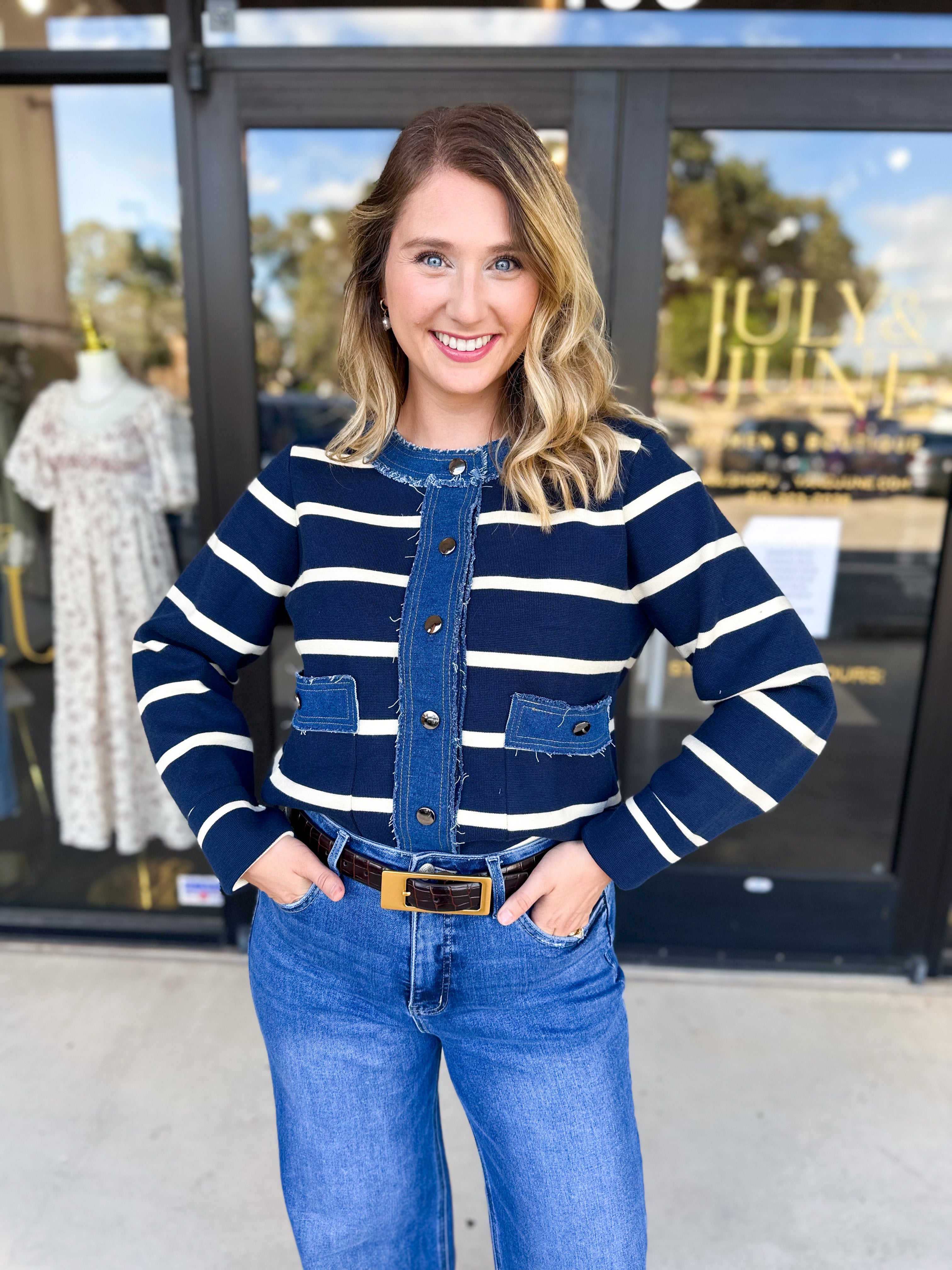 Denim Dreams Cardigan-230 Sweaters/Cardis-ENTRO-July & June Women's Fashion Boutique Located in San Antonio, Texas