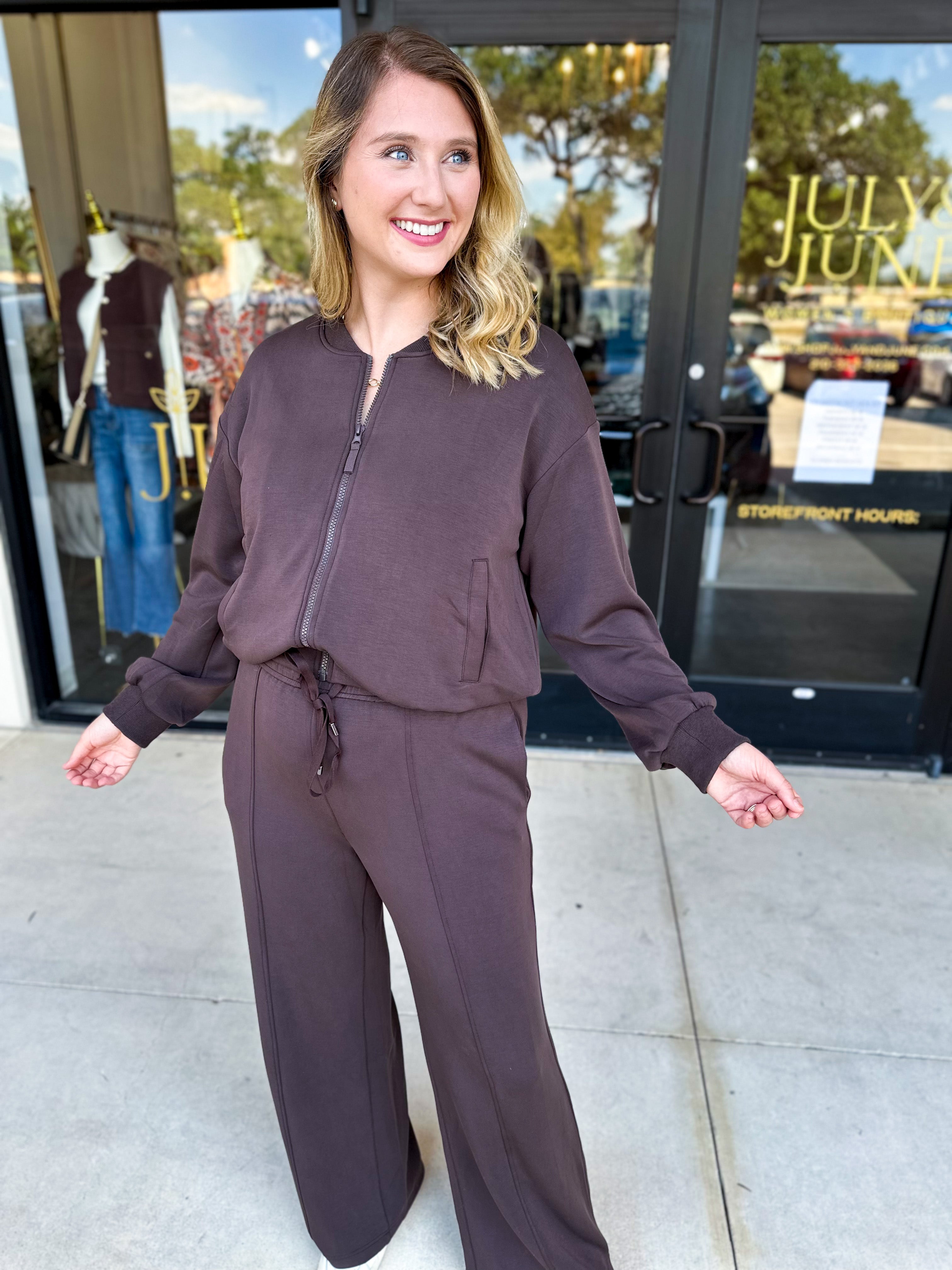 Soft Modal Bomber Jacket - Chocolate-300 Athleisure/Lounge-SKIES ARE BLUE-July & June Women's Fashion Boutique Located in San Antonio, Texas