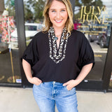 Varsity Cheetah Detail Blouse - Black-200 Fashion Blouses-ENTRO-July & June Women's Fashion Boutique Located in San Antonio, Texas