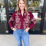 Elara Embroidered Blouse - Burgundy-200 Fashion Blouses-ENTRO-July & June Women's Fashion Boutique Located in San Antonio, Texas