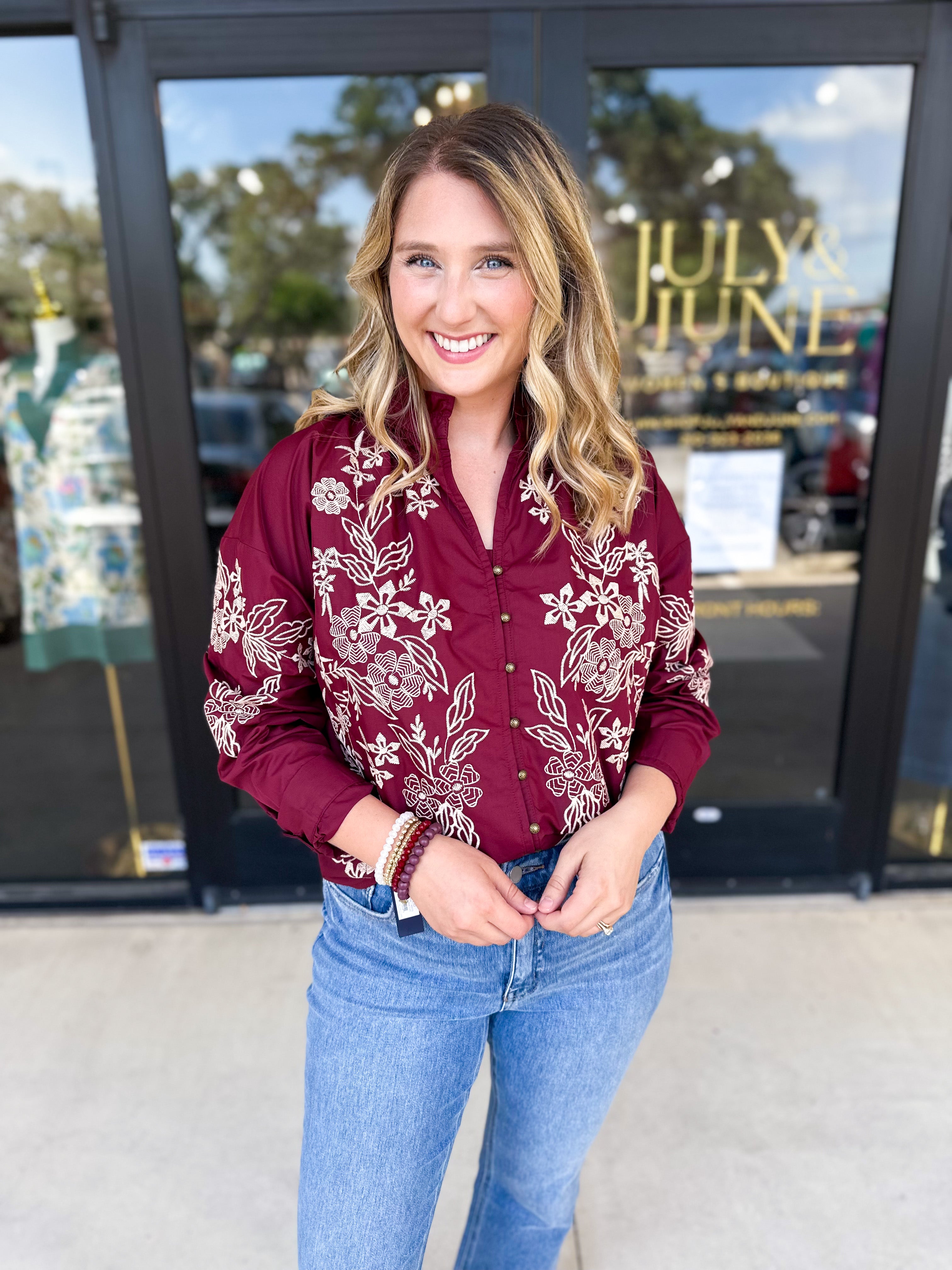 Elara Embroidered Blouse - Burgundy-200 Fashion Blouses-ENTRO-July & June Women's Fashion Boutique Located in San Antonio, Texas