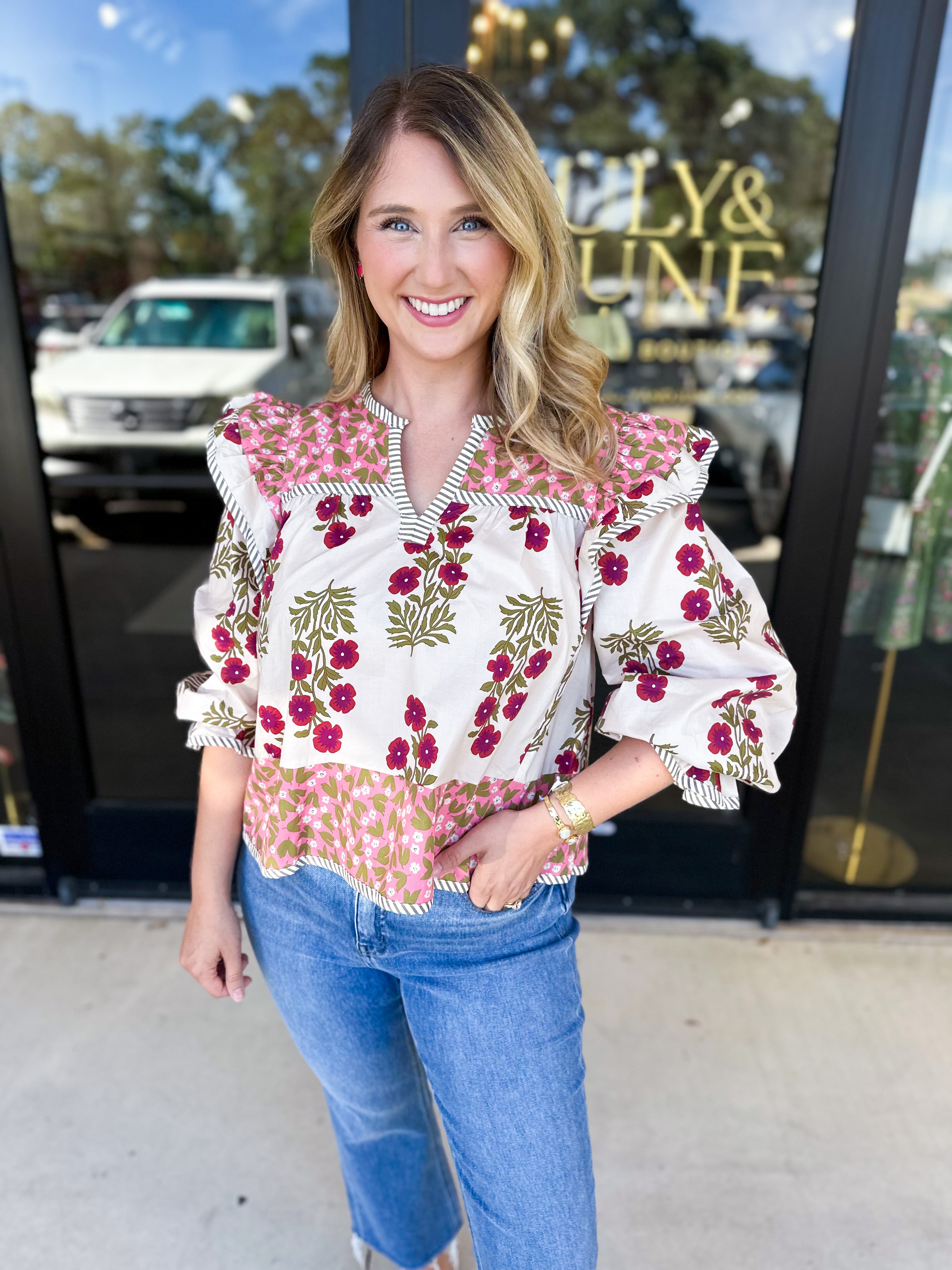 Pink & Burgundy Floral Blouse-200 Fashion Blouses-ENTRO-July & June Women's Fashion Boutique Located in San Antonio, Texas