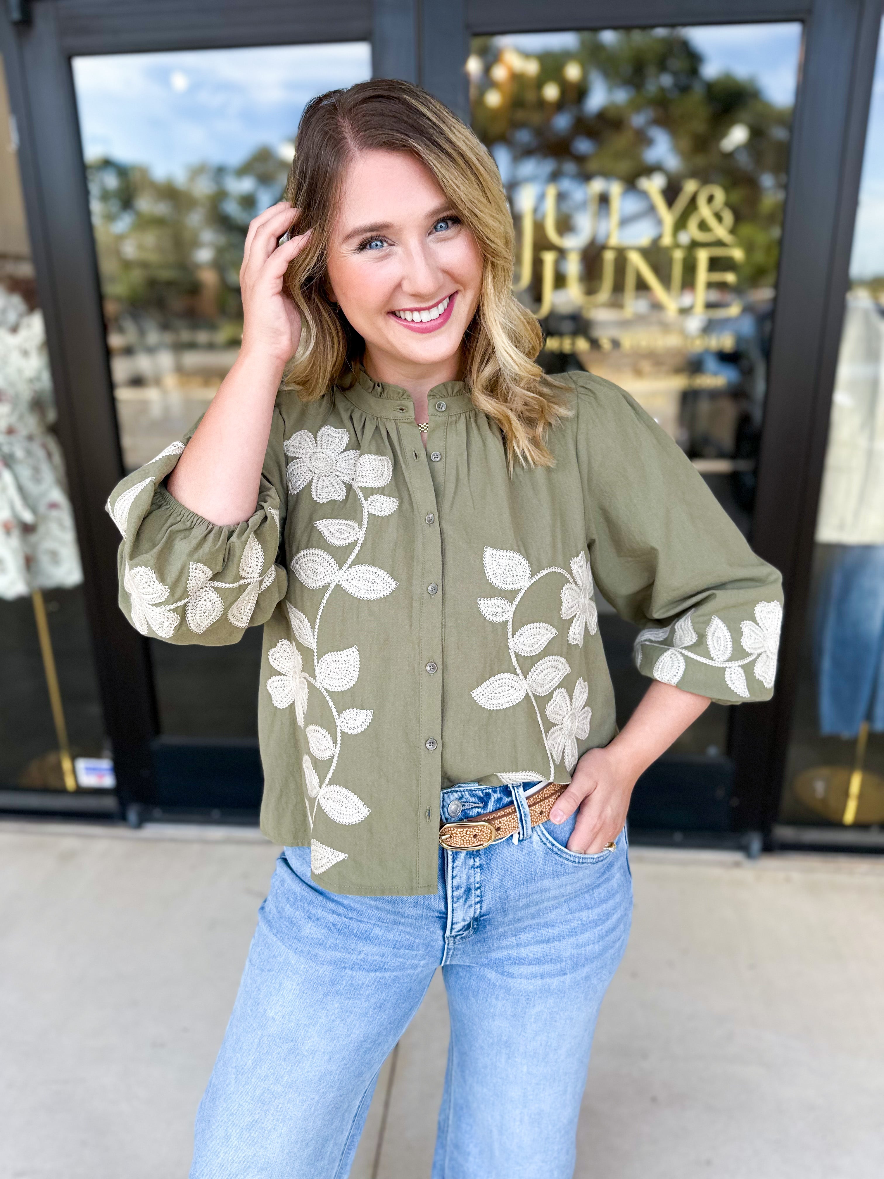 Mallory Embroidered Blouse - Light Olive-200 Fashion Blouses-ABLE-July & June Women's Fashion Boutique Located in San Antonio, Texas