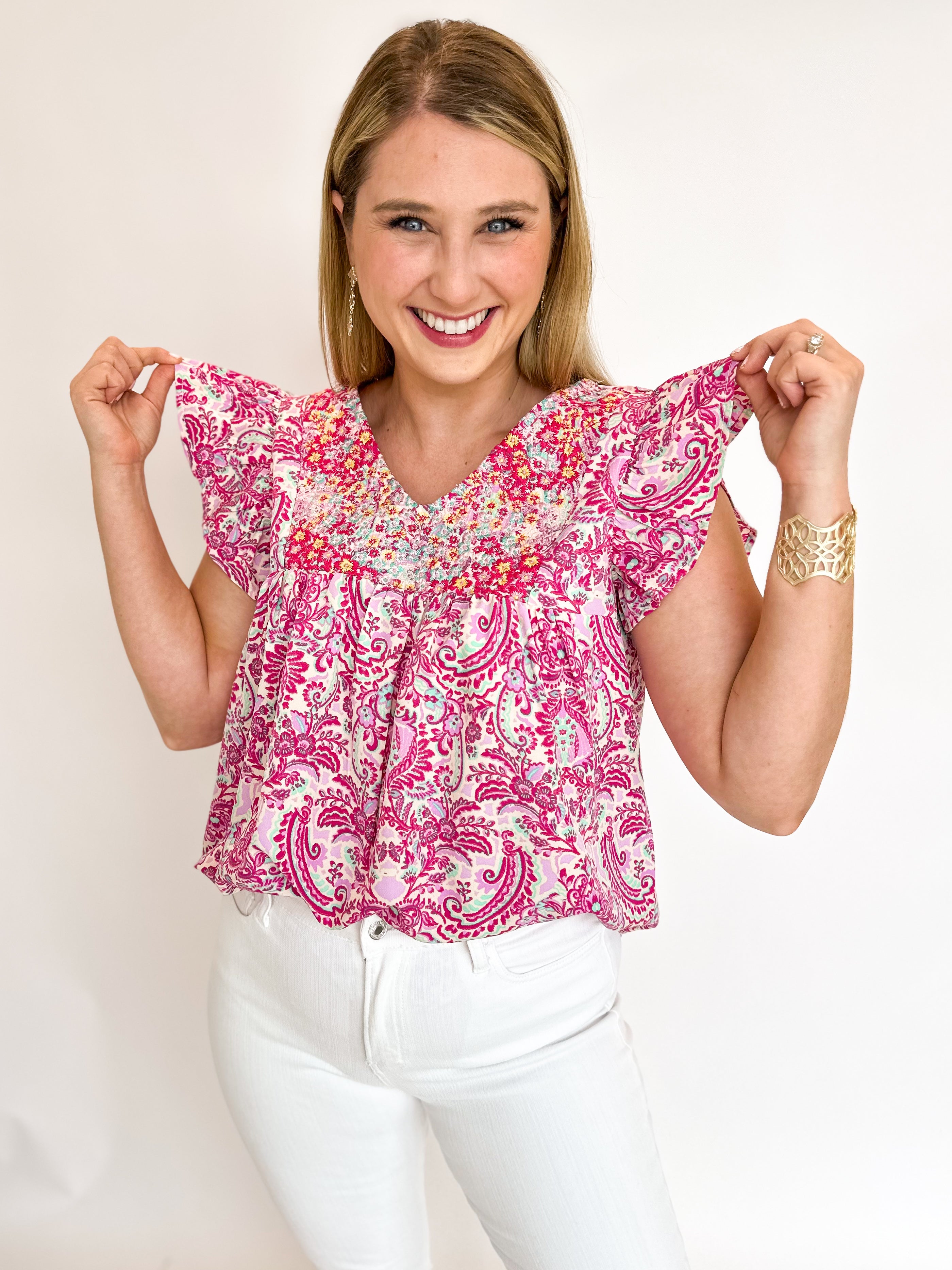 Pink Paisley Embroidered Blouse-200 Fashion Blouses-ANDREE BY UNIT-July & June Women's Fashion Boutique Located in San Antonio, Texas
