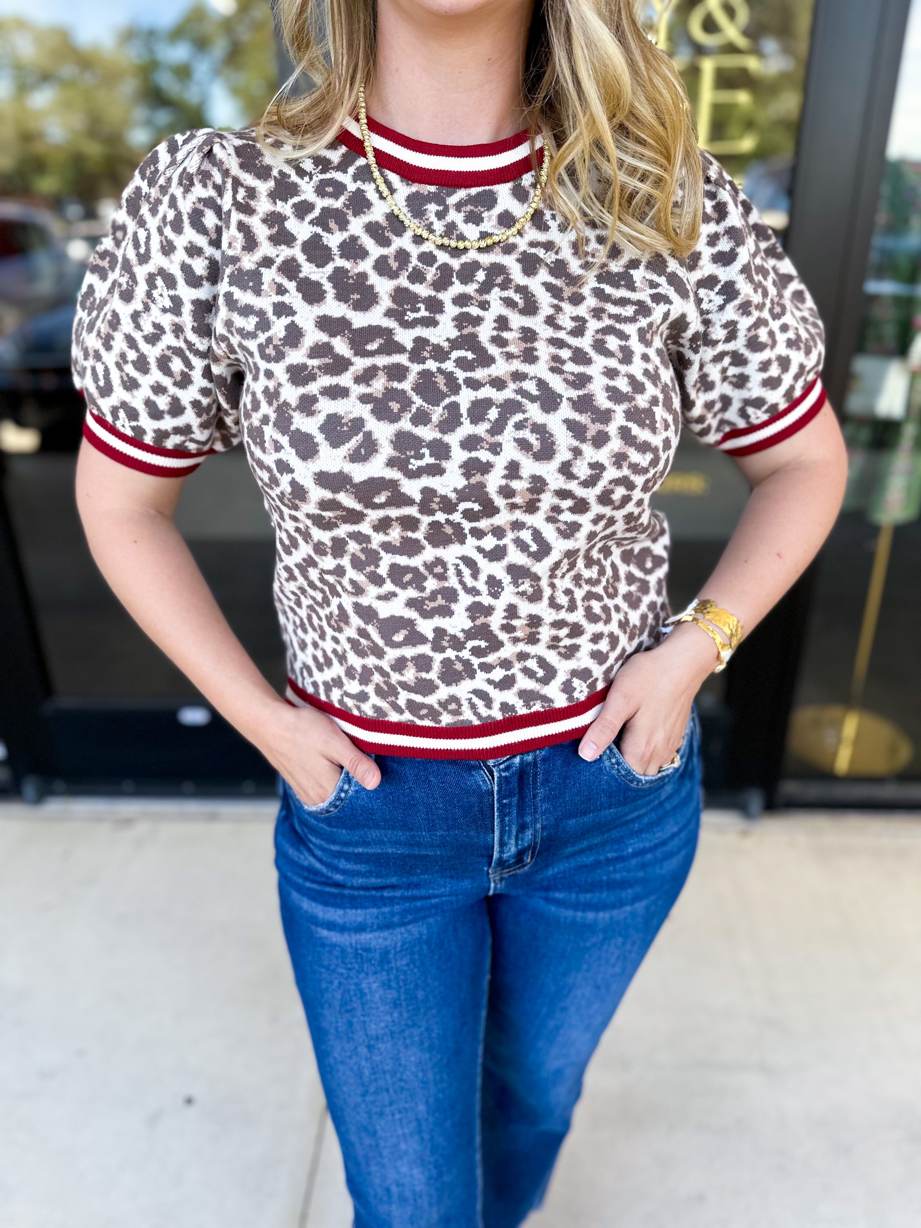 Varsity Leopard Sweater Top - Red-210 Casual Blouses-ENTRO-July & June Women's Fashion Boutique Located in San Antonio, Texas