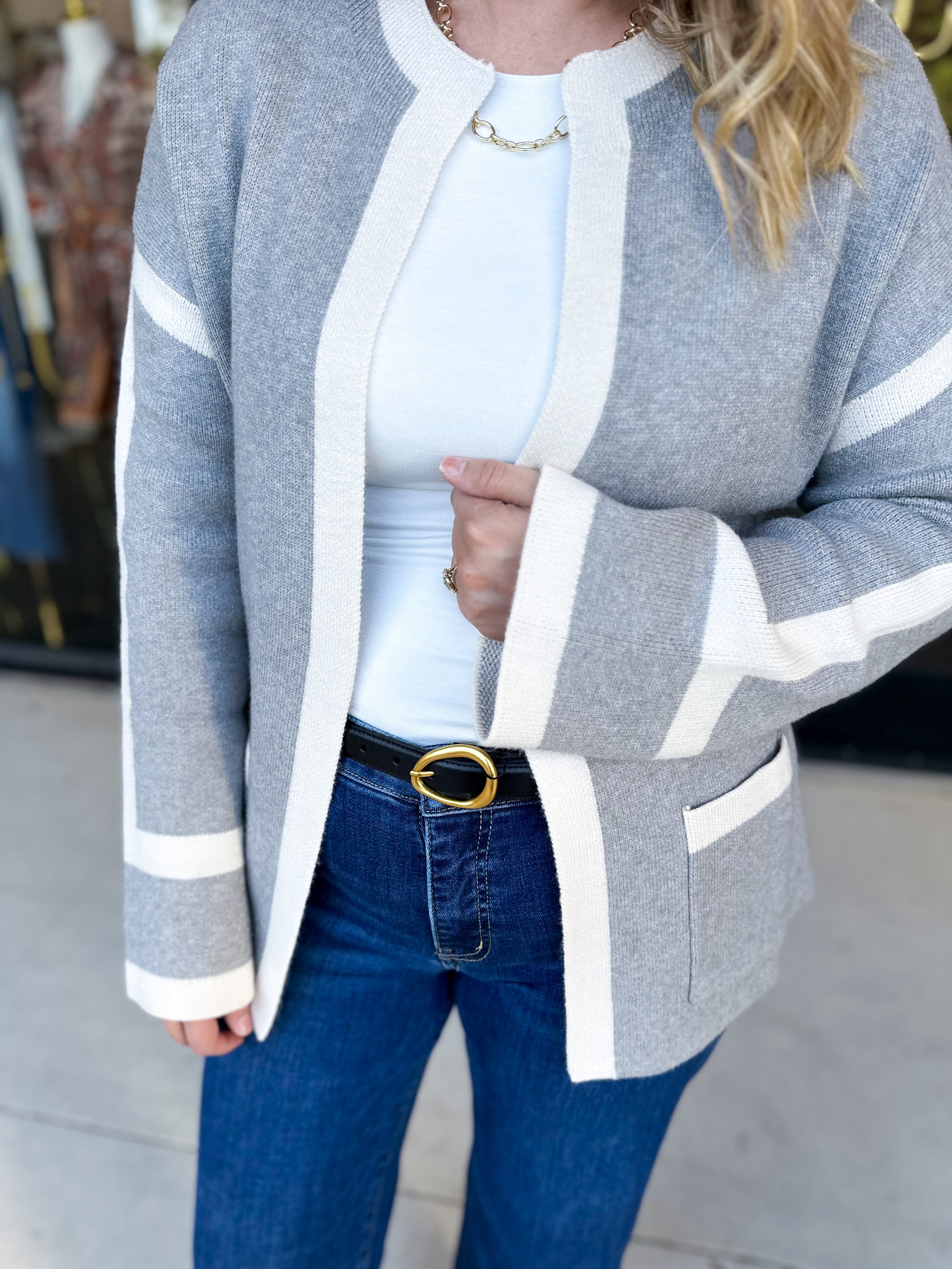 THML - Grey Color Block Cardigan-230 Sweaters/Cardis-THML-July & June Women's Fashion Boutique Located in San Antonio, Texas