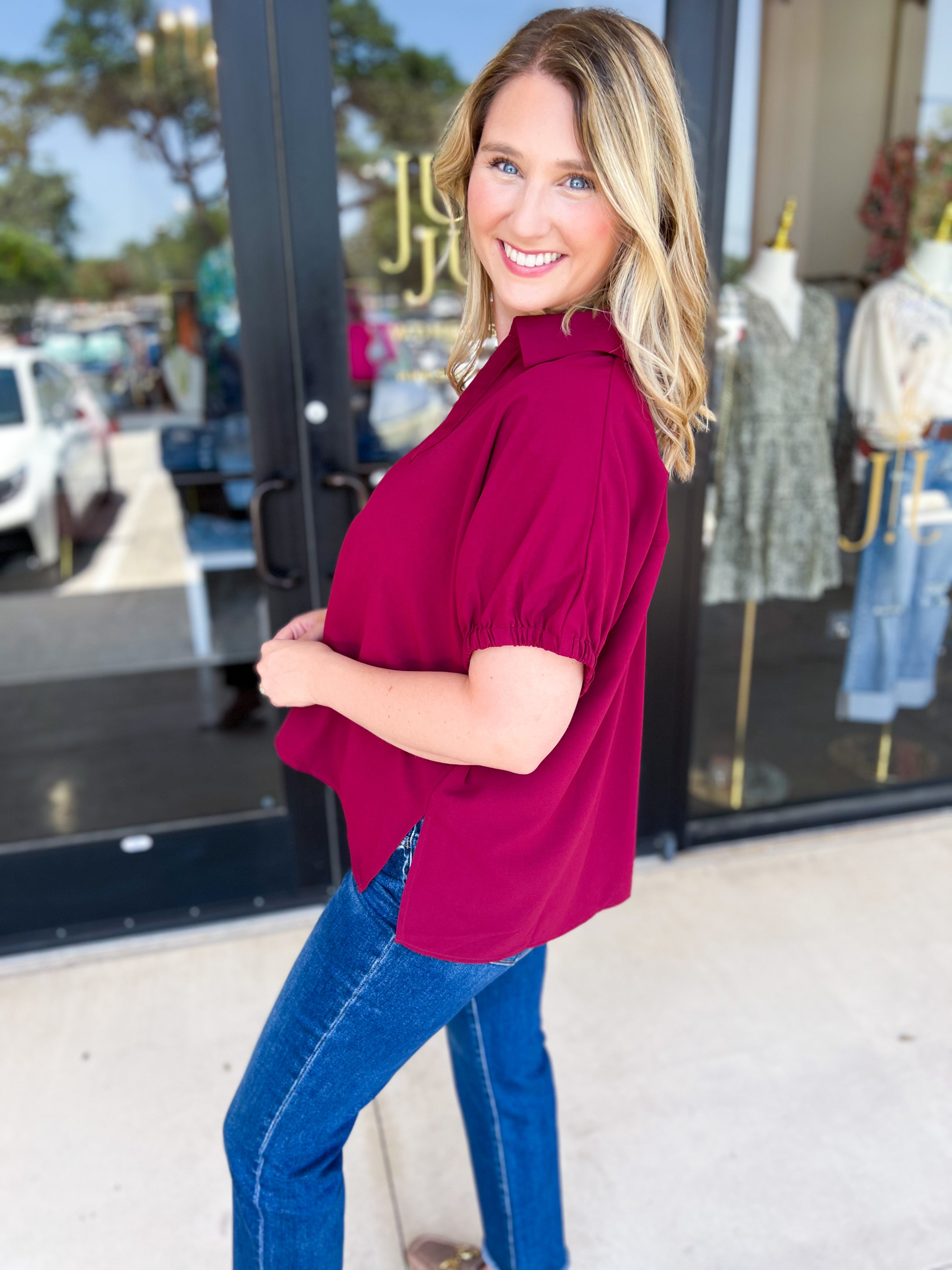 Closet Staple Collared Blouse - Maroon-200 Fashion Blouses-ENTRO-July & June Women's Fashion Boutique Located in San Antonio, Texas