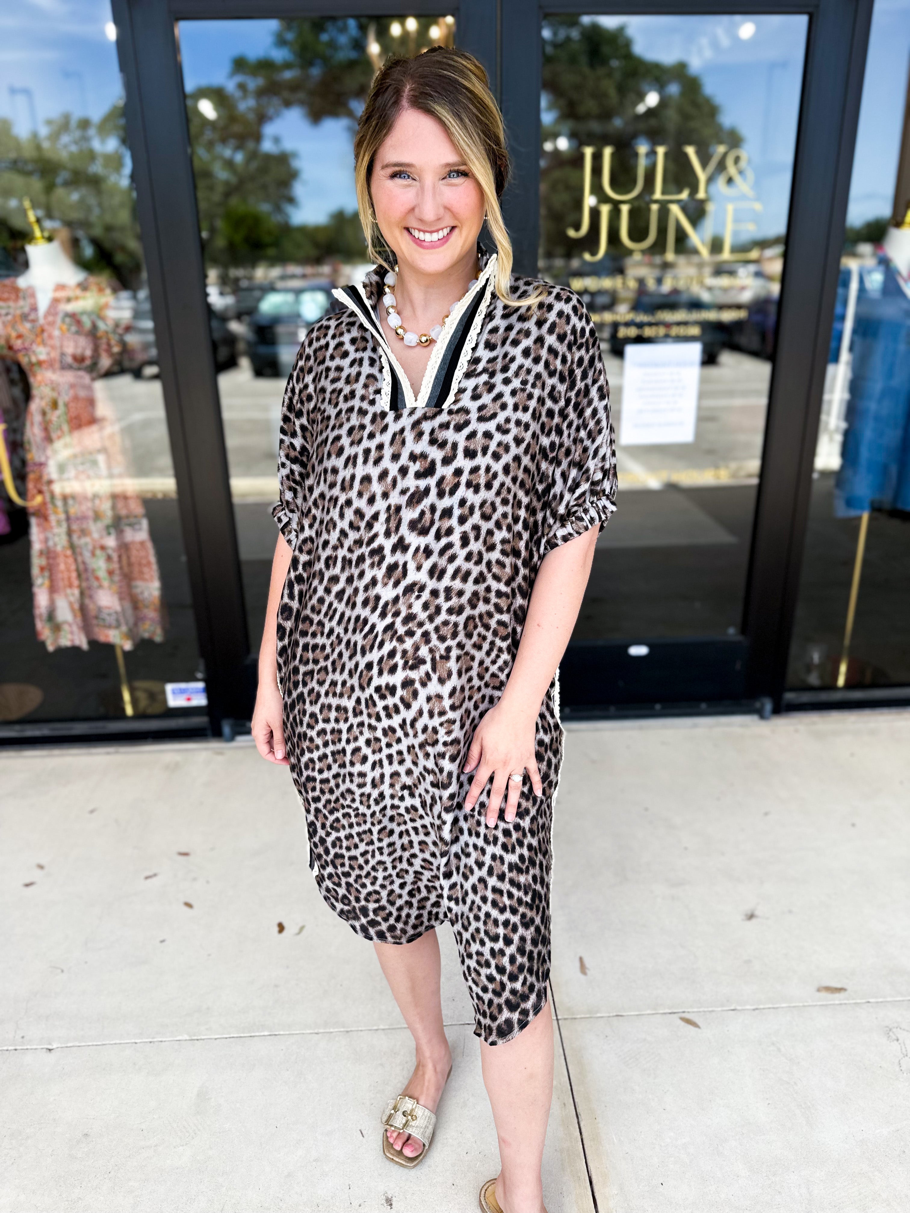 Leopard Caftan Midi Dress - Grey-500 Midi-ENTRO-July & June Women's Fashion Boutique Located in San Antonio, Texas