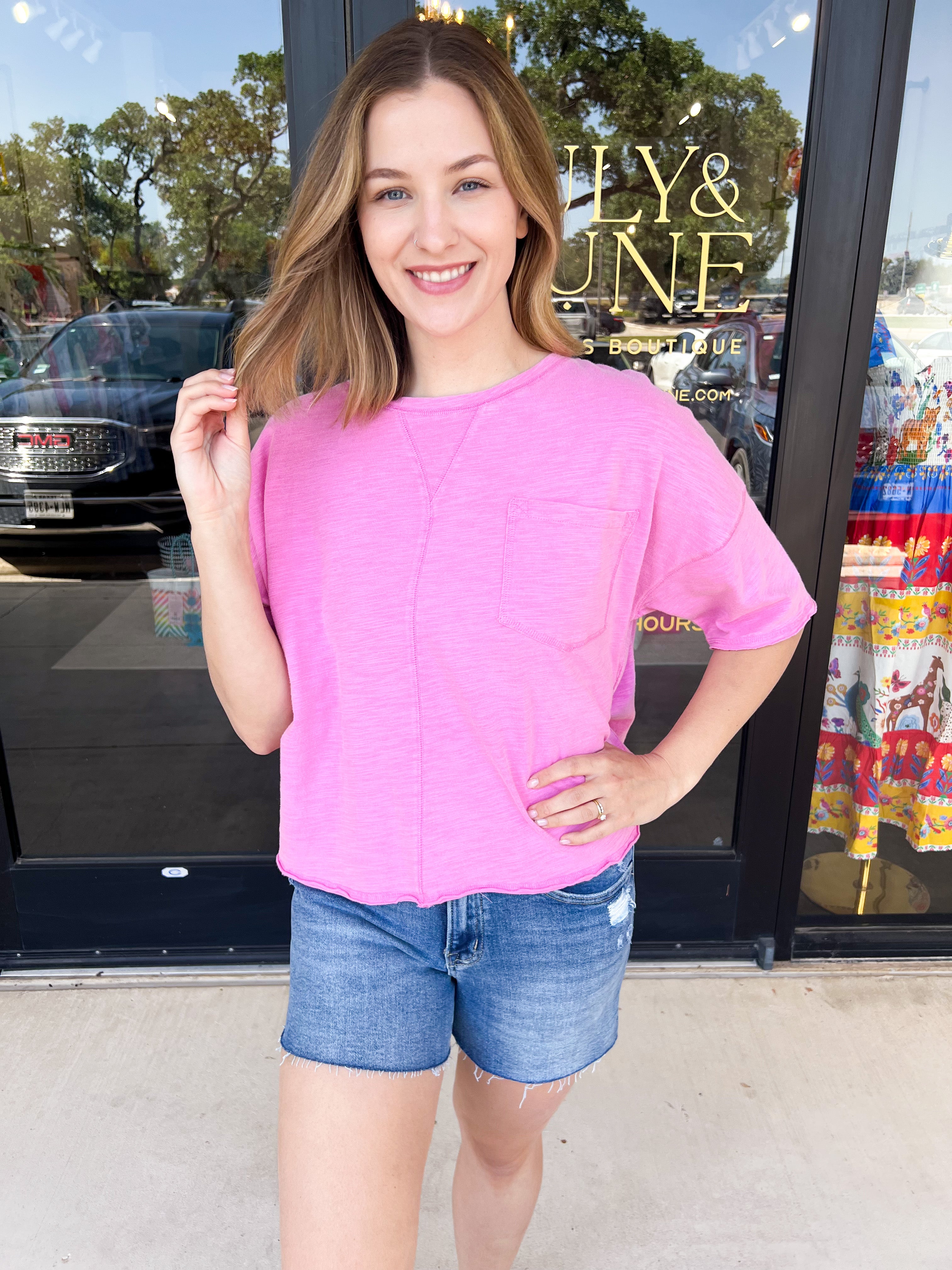 Our Favorite Oversized Tee - Fuchsia-210 Casual Blouses-PEACH LOVE-July & June Women's Fashion Boutique Located in San Antonio, Texas