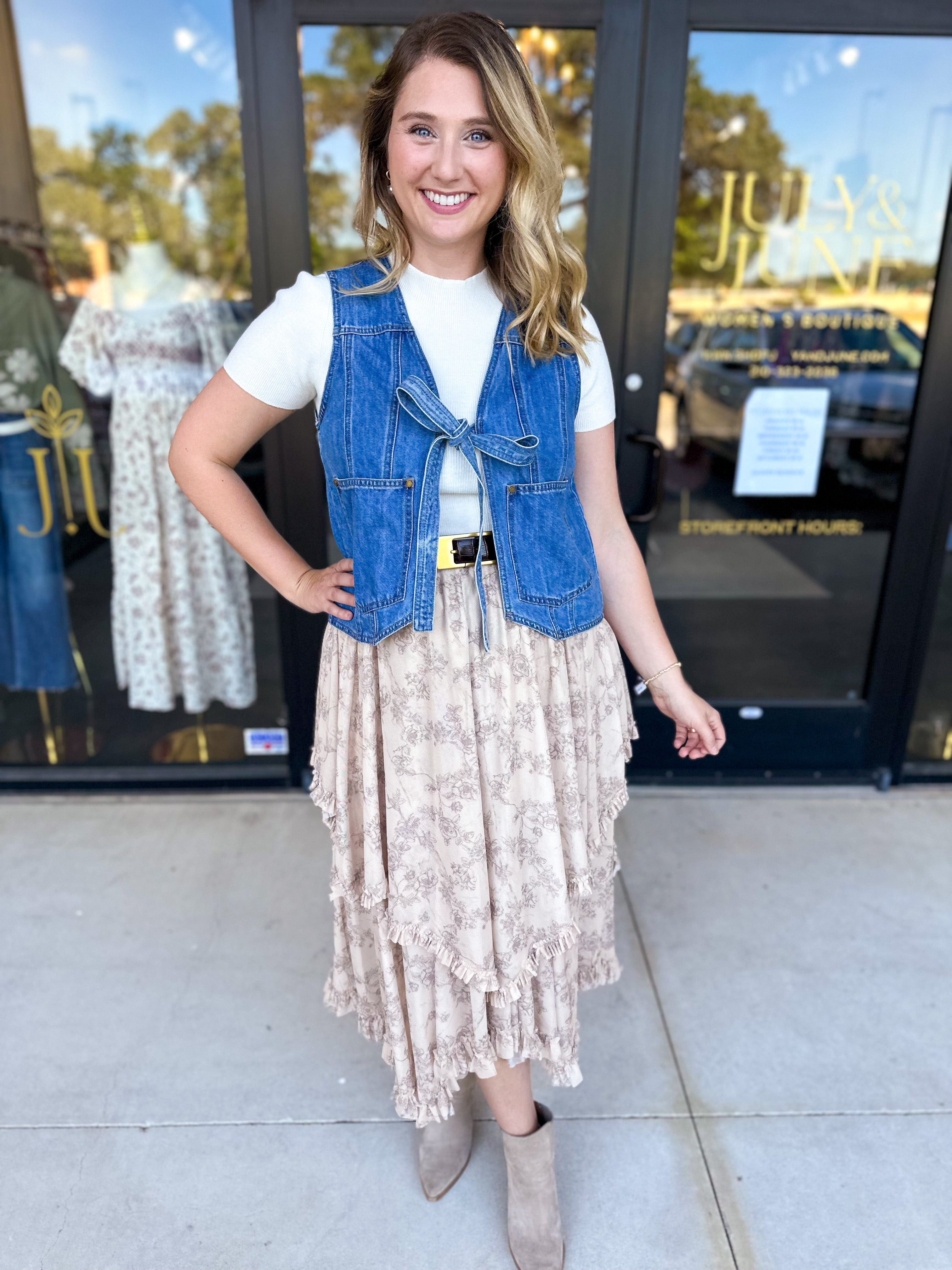 Front Tie Denim Vest-600 Outerwear-LISTICLE-July & June Women's Fashion Boutique Located in San Antonio, Texas