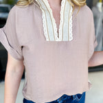 Taupe Crochet Blouse-200 Fashion Blouses-ENTRO-July & June Women's Fashion Boutique Located in San Antonio, Texas