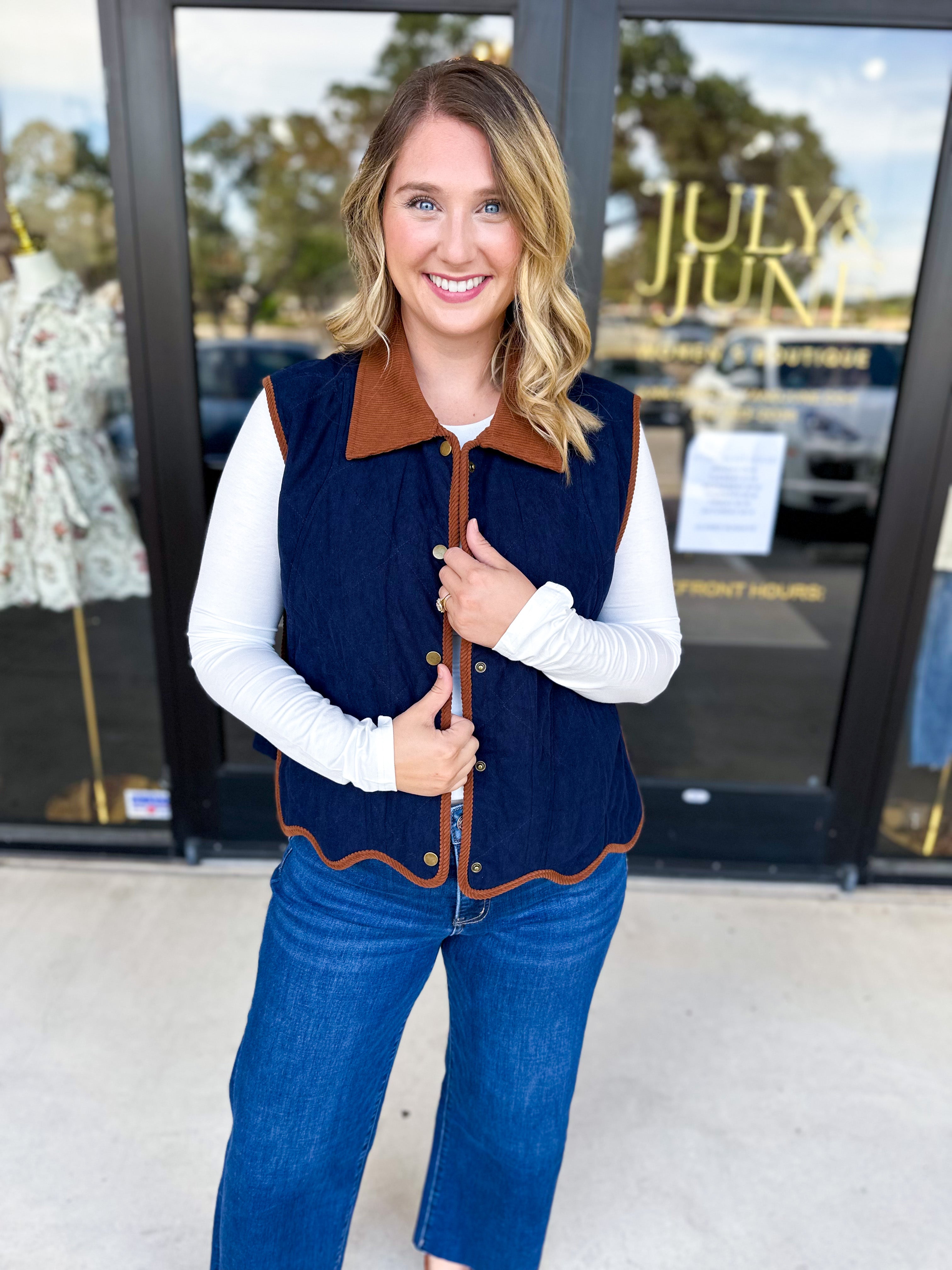 Navy & Suede Vest-600 Outerwear-ENTRO-July & June Women's Fashion Boutique Located in San Antonio, Texas