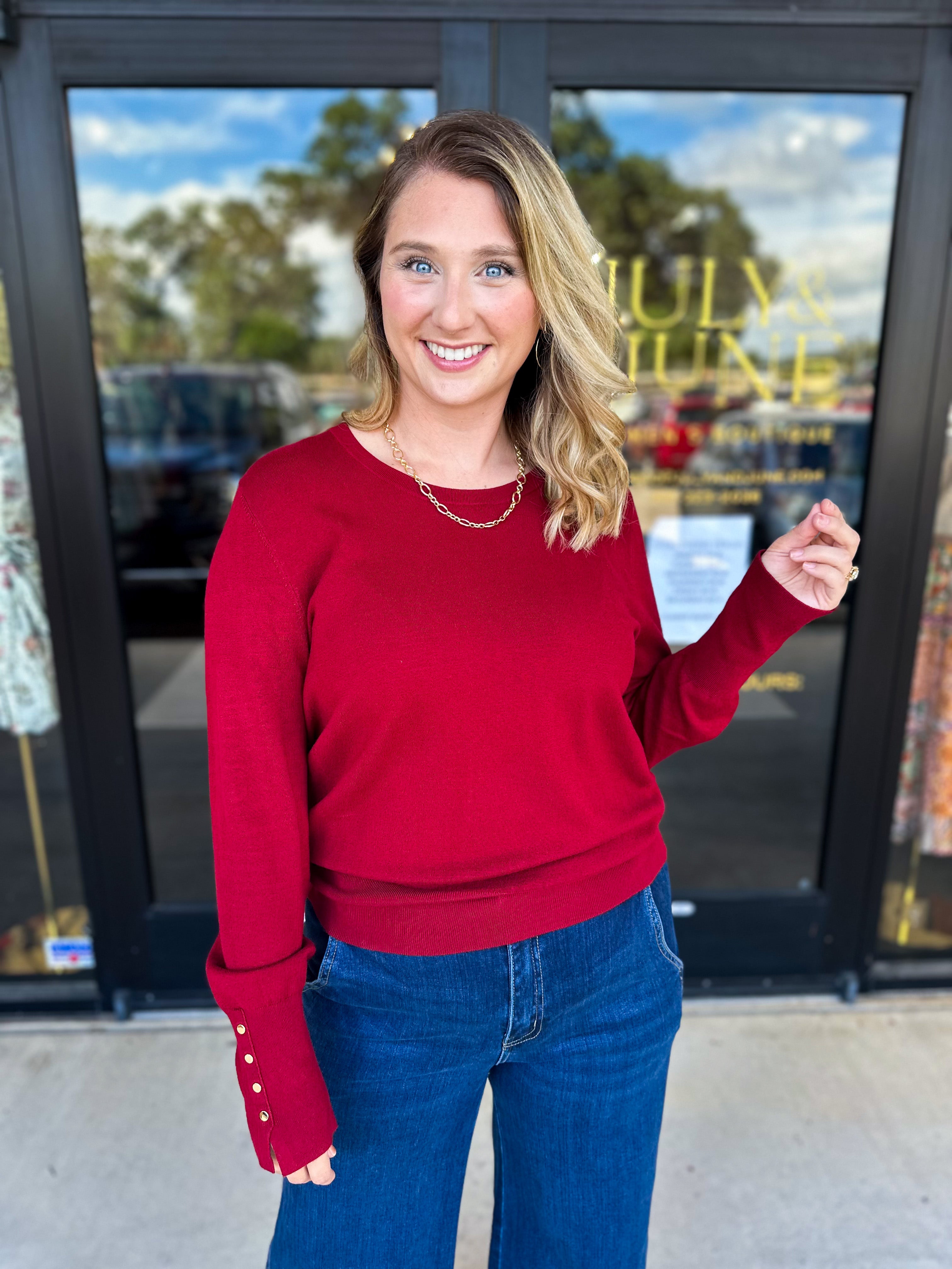 Long Sleeve Sweater Top - Crimson-230 Sweaters/Cardis-ENTRO-July & June Women's Fashion Boutique Located in San Antonio, Texas