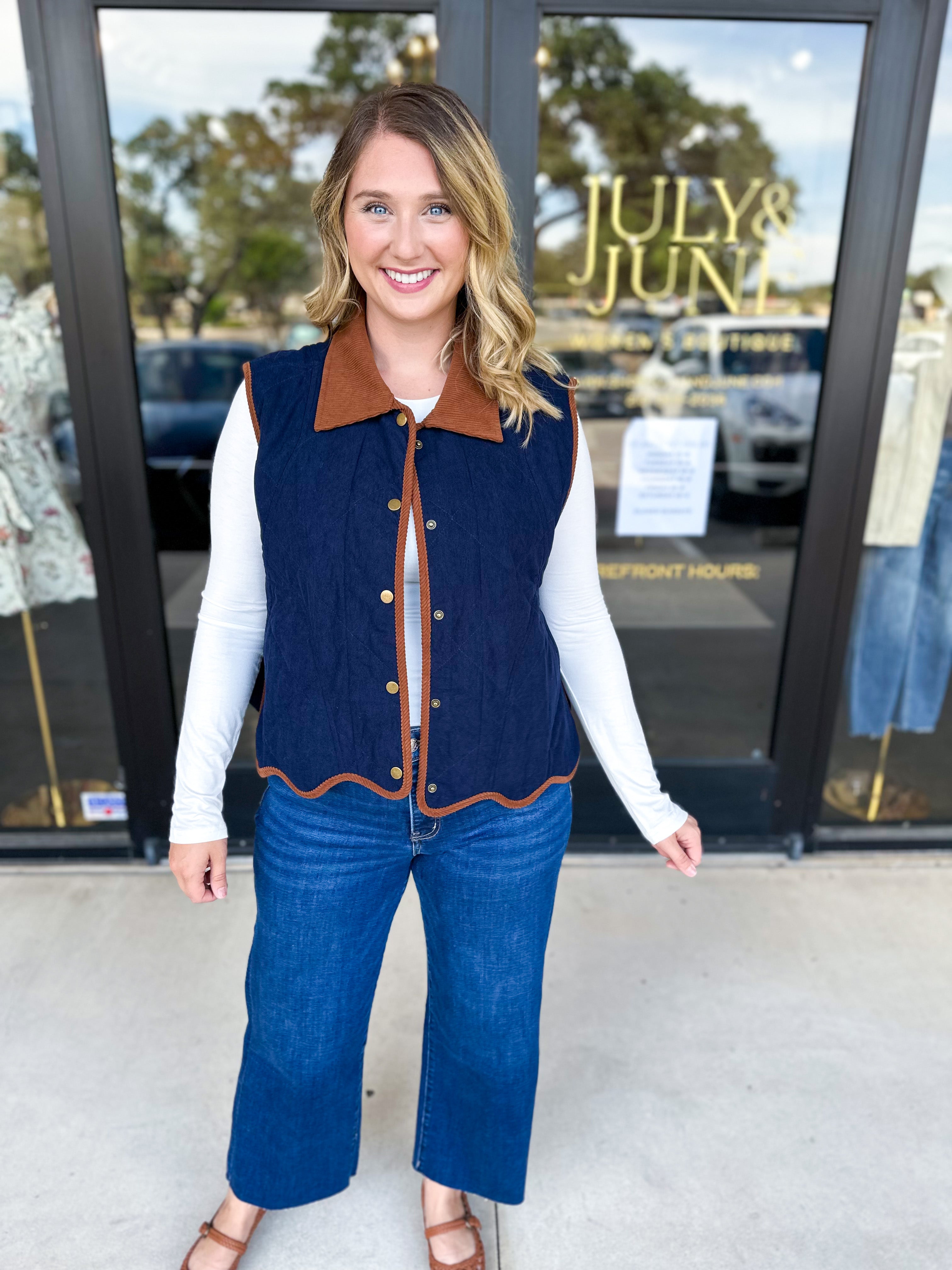 Navy & Suede Vest-600 Outerwear-ENTRO-July & June Women's Fashion Boutique Located in San Antonio, Texas