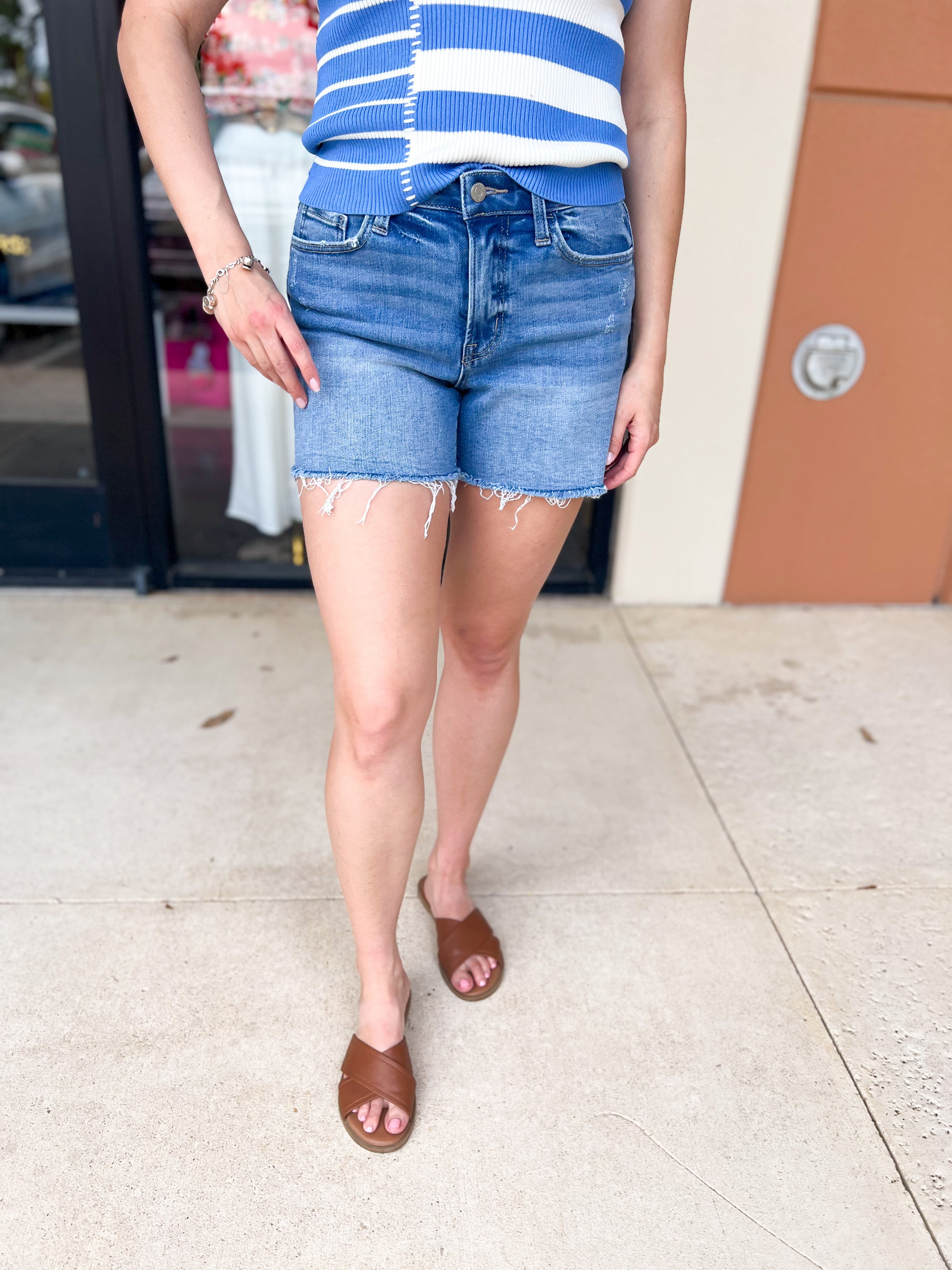 Vervet - High Rise Raw Hem Staple Denim Shorts-410 Shorts/Skirts-VEVERT BY FLYING MONKEY-July & June Women's Fashion Boutique Located in San Antonio, Texas