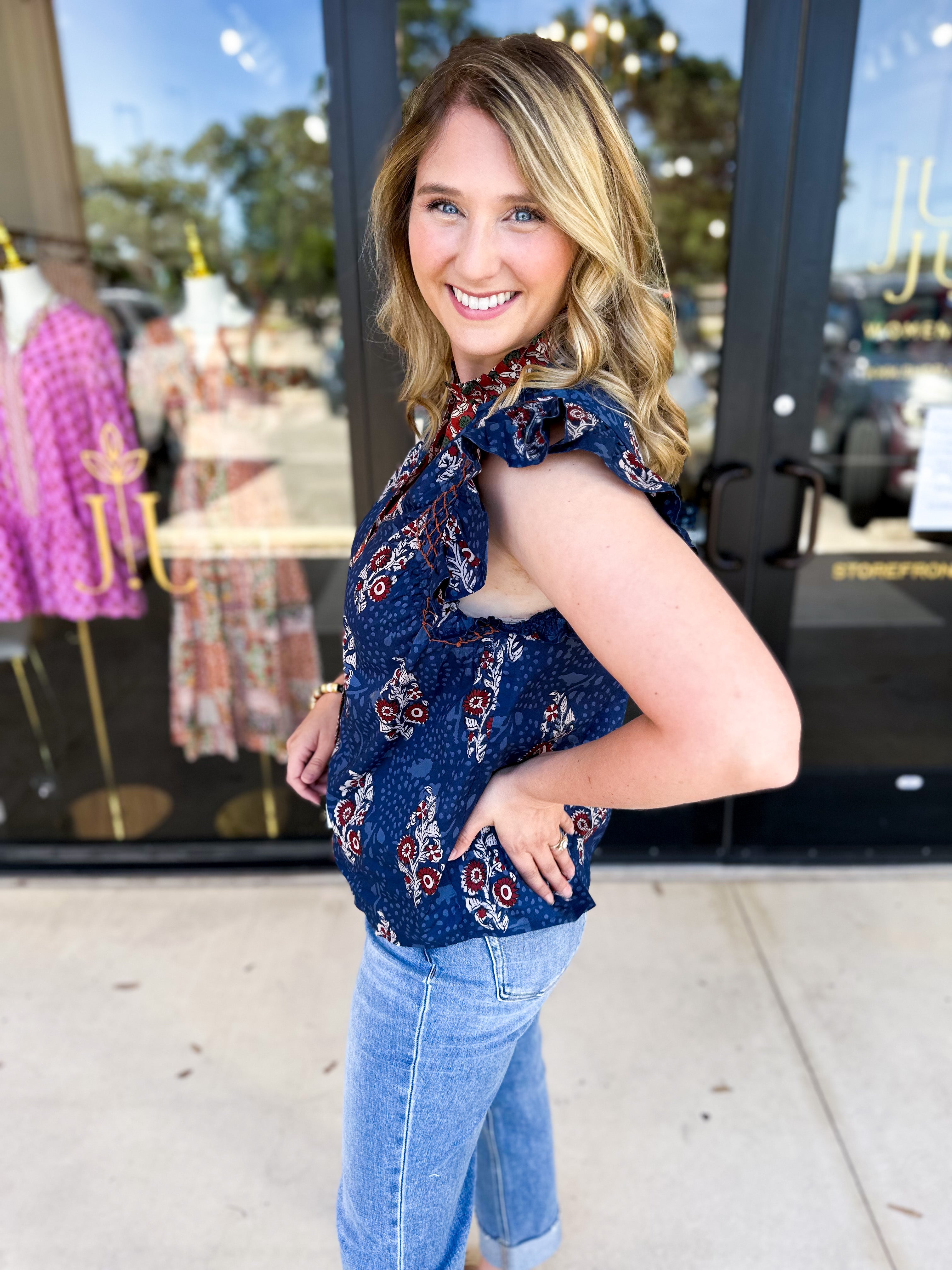 THML - Navy & Rust Blouse-200 Fashion Blouses-THML-July & June Women's Fashion Boutique Located in San Antonio, Texas