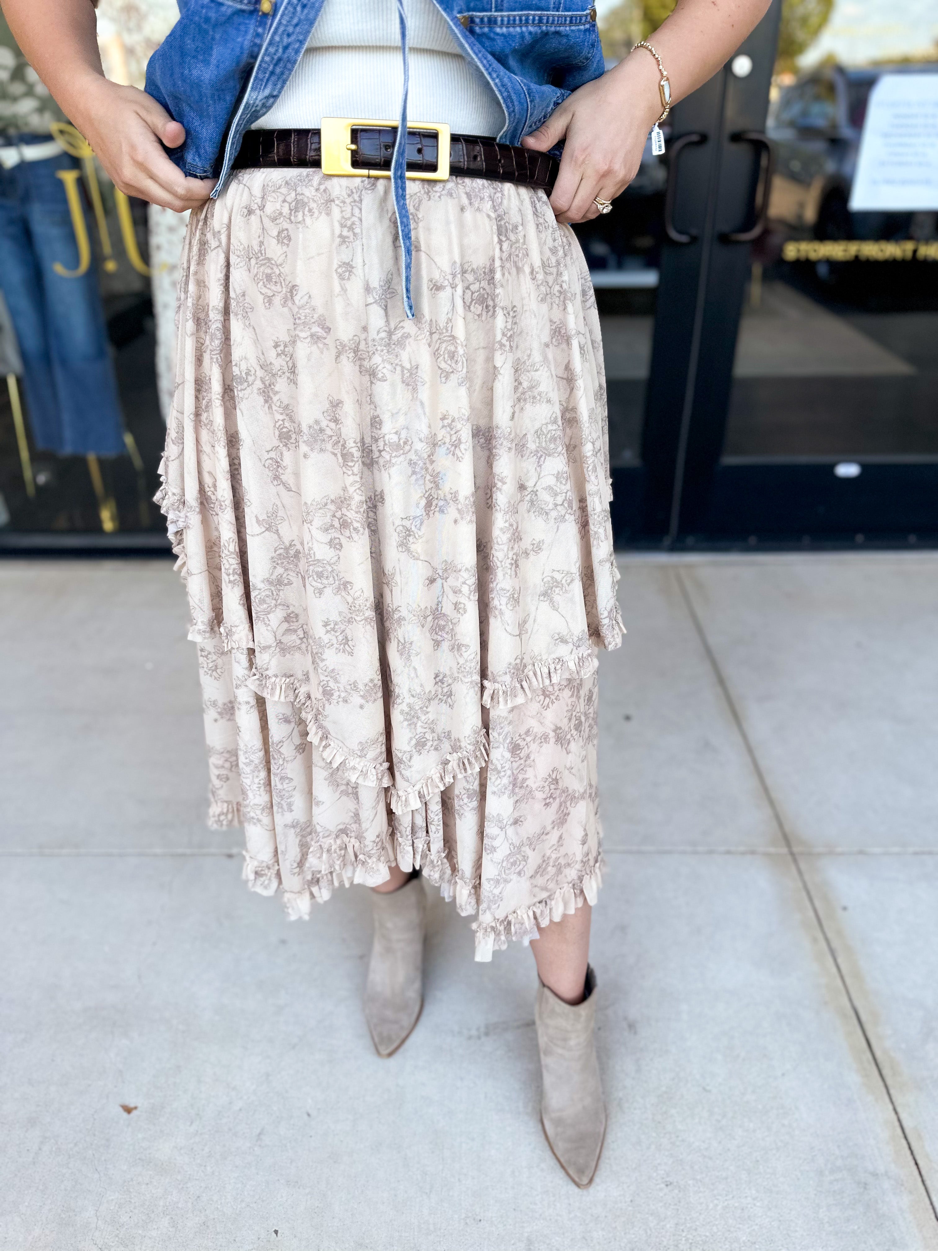 Mocha Floral Midi Skirt-410 Shorts/Skirts-POLOGRAM-July & June Women's Fashion Boutique Located in San Antonio, Texas