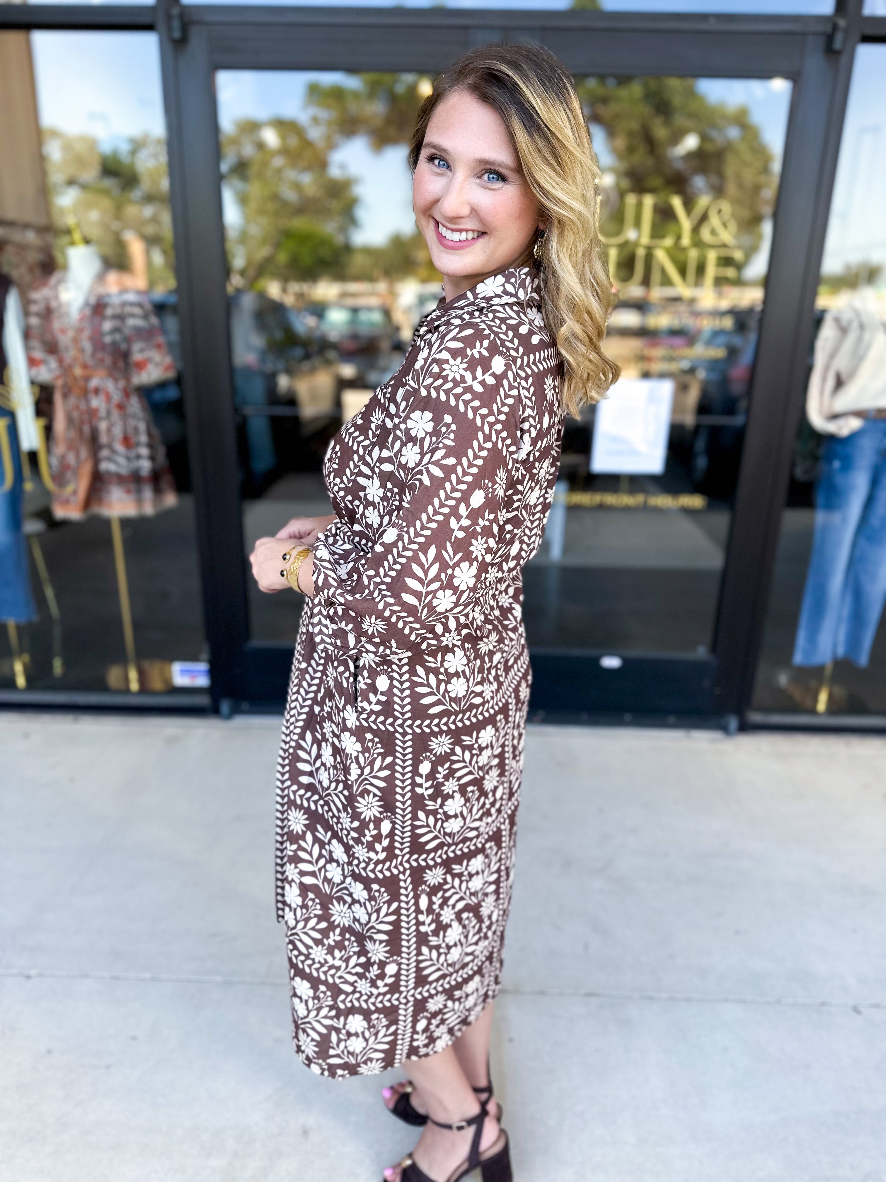 The Wrenlee Wrap Midi Dress - Chocolate Brown-500 Midi-POLOGRAM-July & June Women's Fashion Boutique Located in San Antonio, Texas
