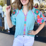 THML - Spring Florals Embroidered Blouse- Light Blue-200 Fashion Blouses-THML-July & June Women's Fashion Boutique Located in San Antonio, Texas