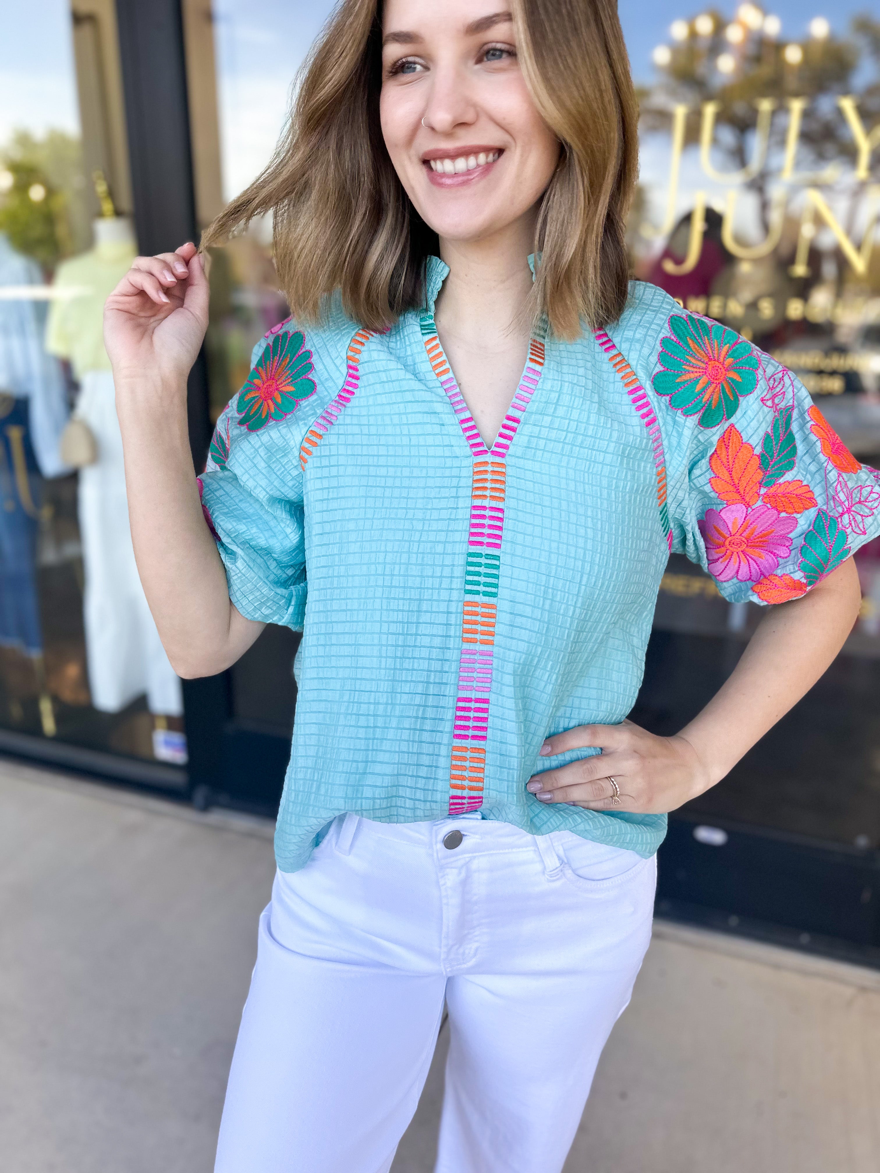 THML - Spring Florals Embroidered Blouse- Light Blue-200 Fashion Blouses-THML-July & June Women's Fashion Boutique Located in San Antonio, Texas