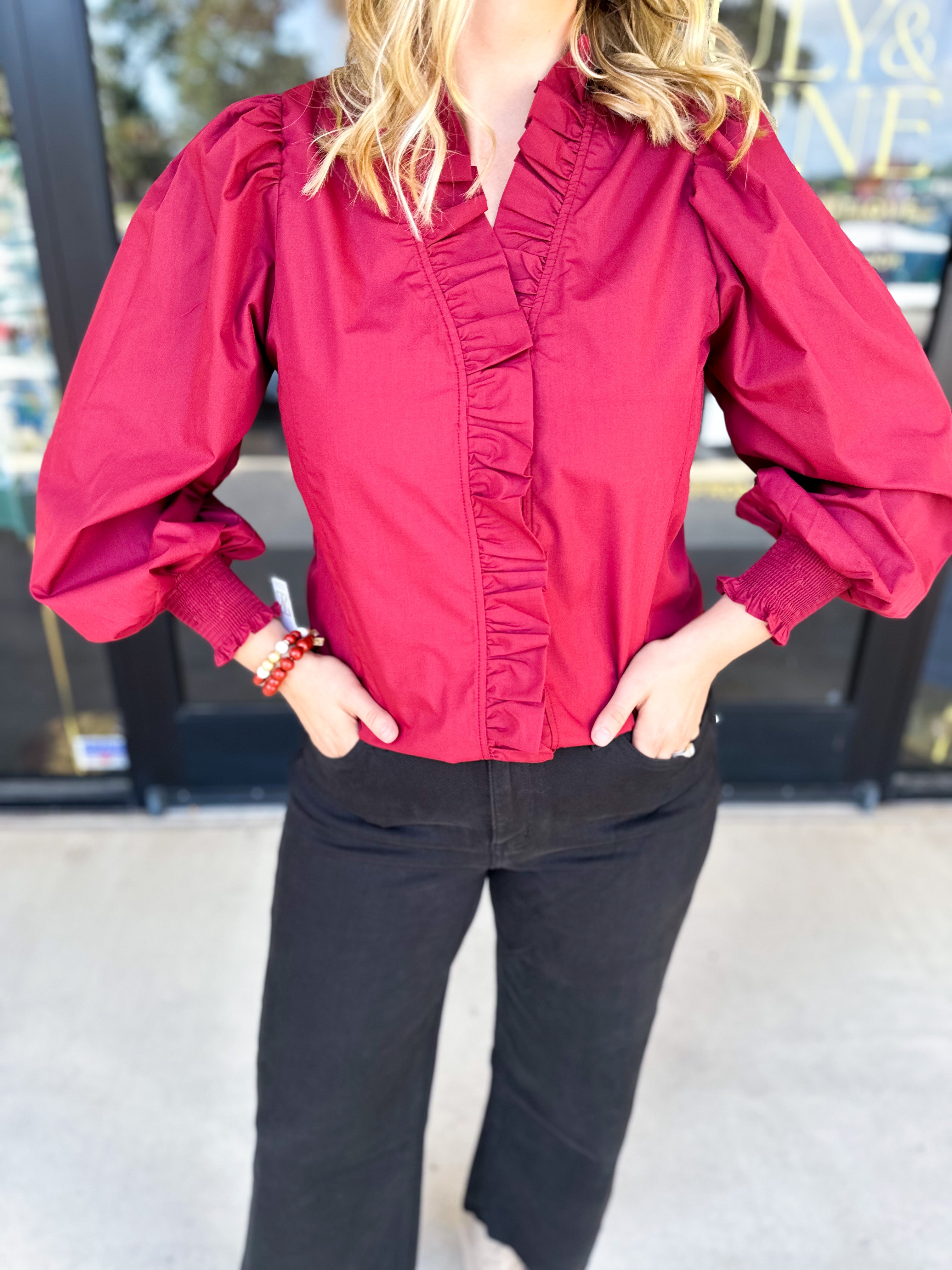 Burgundy Ruffle Blouse-200 Fashion Blouses-ENTRO-July & June Women's Fashion Boutique Located in San Antonio, Texas