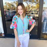 THML - Spring Florals Embroidered Blouse- Light Blue-200 Fashion Blouses-THML-July & June Women's Fashion Boutique Located in San Antonio, Texas
