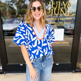 THML - Bold Blue & Orange Blouse-200 Fashion Blouses-THML-July & June Women's Fashion Boutique Located in San Antonio, Texas