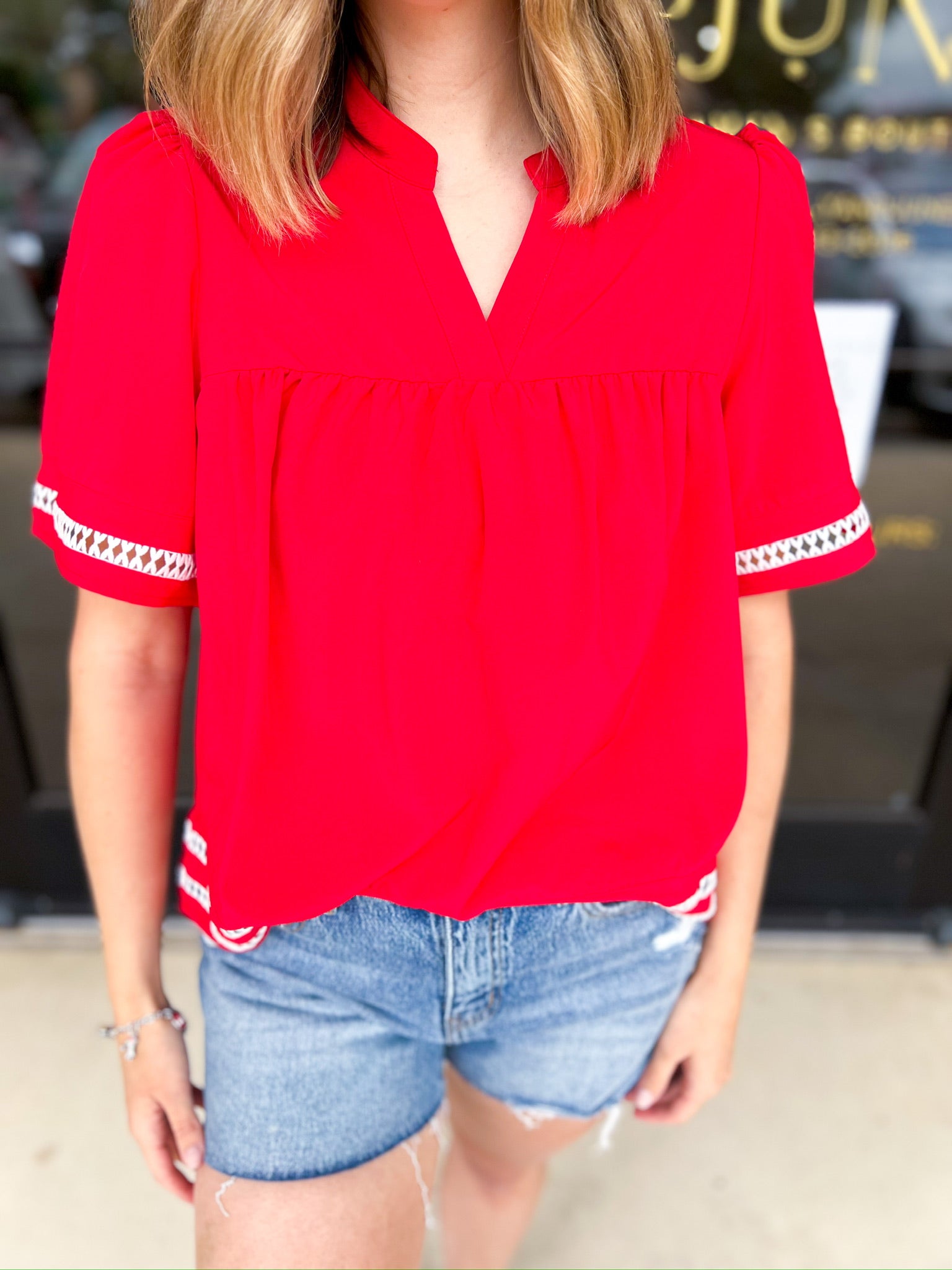 Mary Square - Jasmine Red Blouse-200 Fashion Blouses-MARY SQUARE-July & June Women's Fashion Boutique Located in San Antonio, Texas