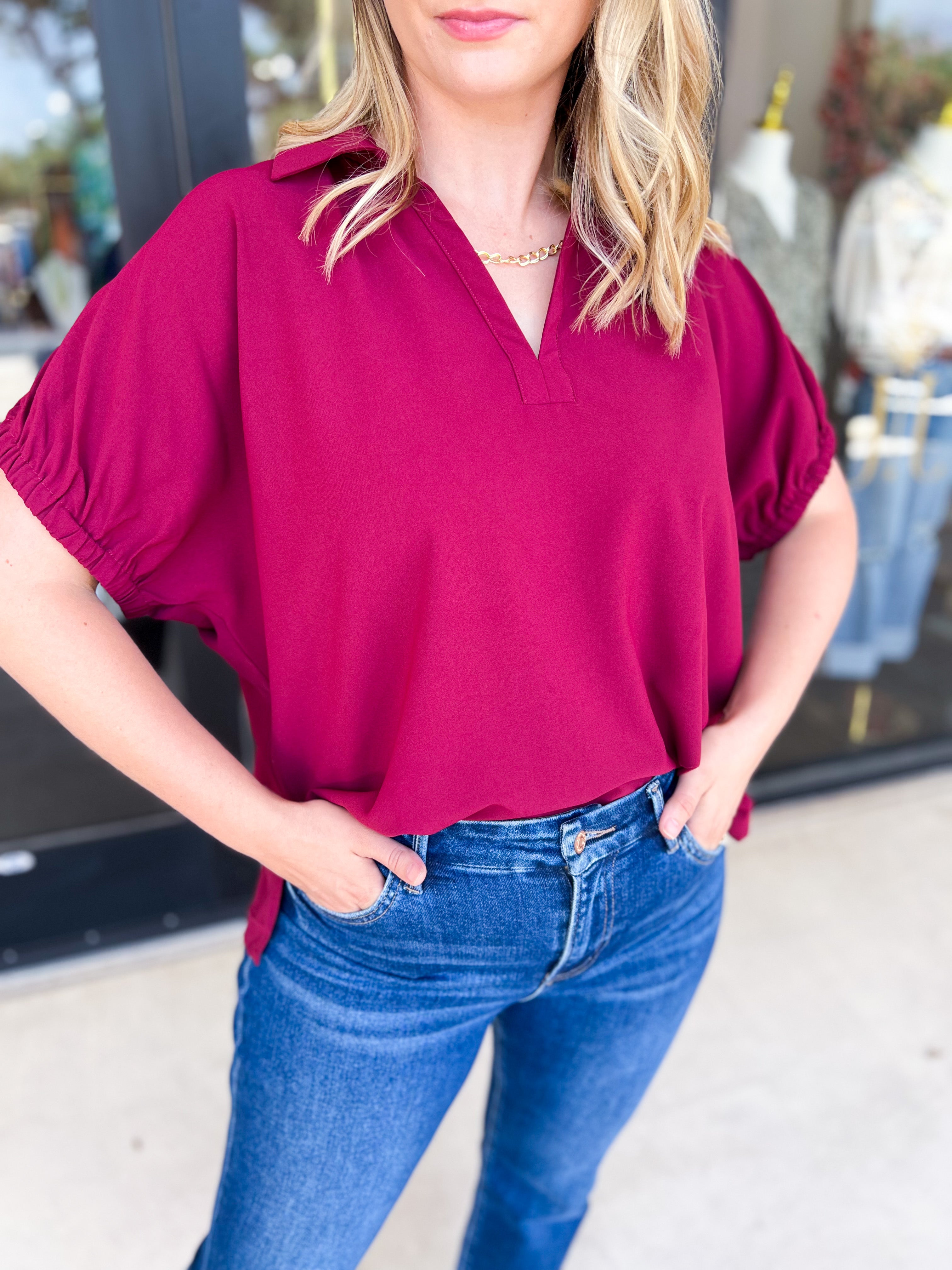 Closet Staple Collared Blouse - Maroon-200 Fashion Blouses-ENTRO-July & June Women's Fashion Boutique Located in San Antonio, Texas