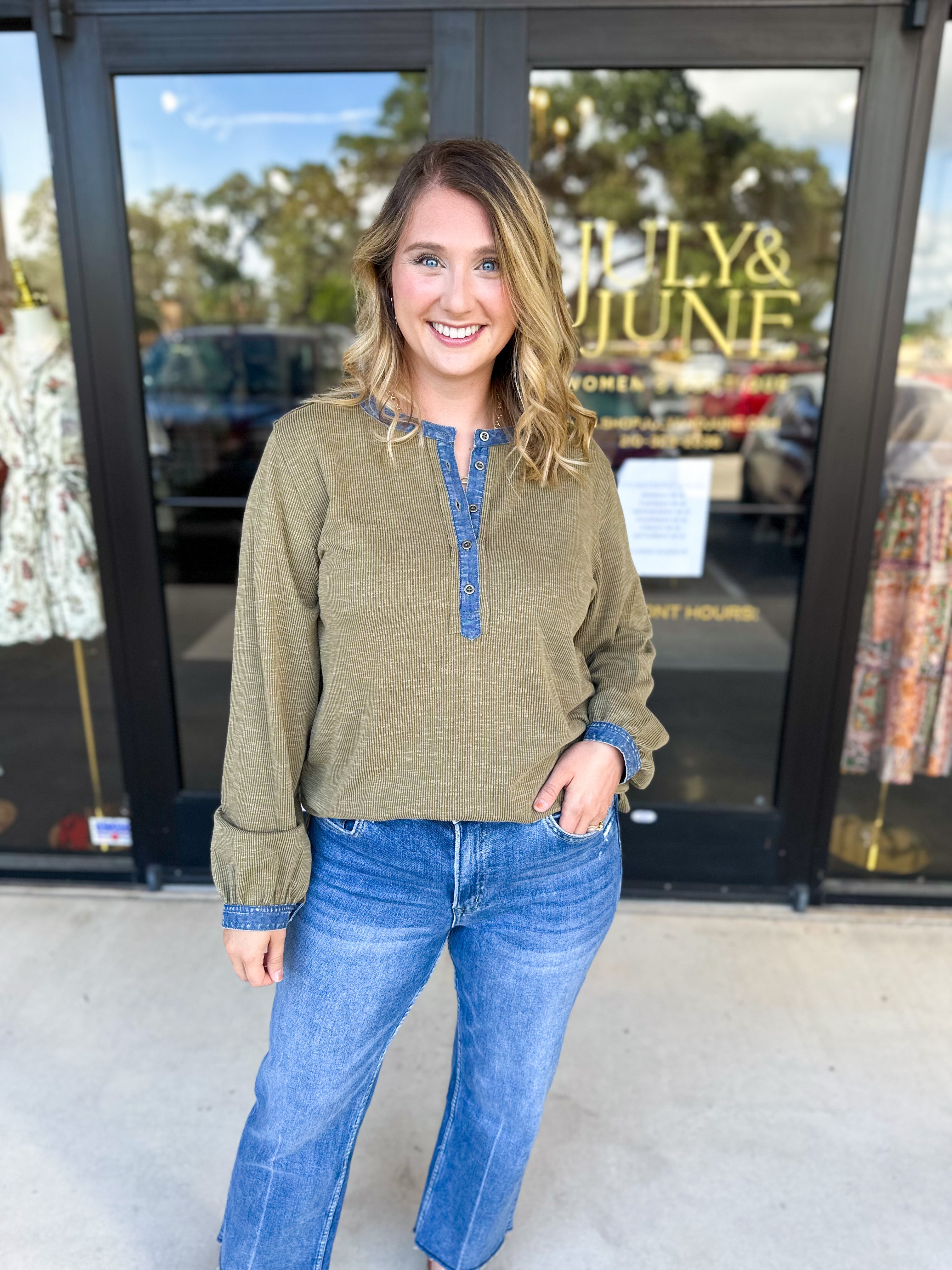 Olive & Denim Details Long Sleeve Top-210 Casual Blouses-JODIFL-July & June Women's Fashion Boutique Located in San Antonio, Texas