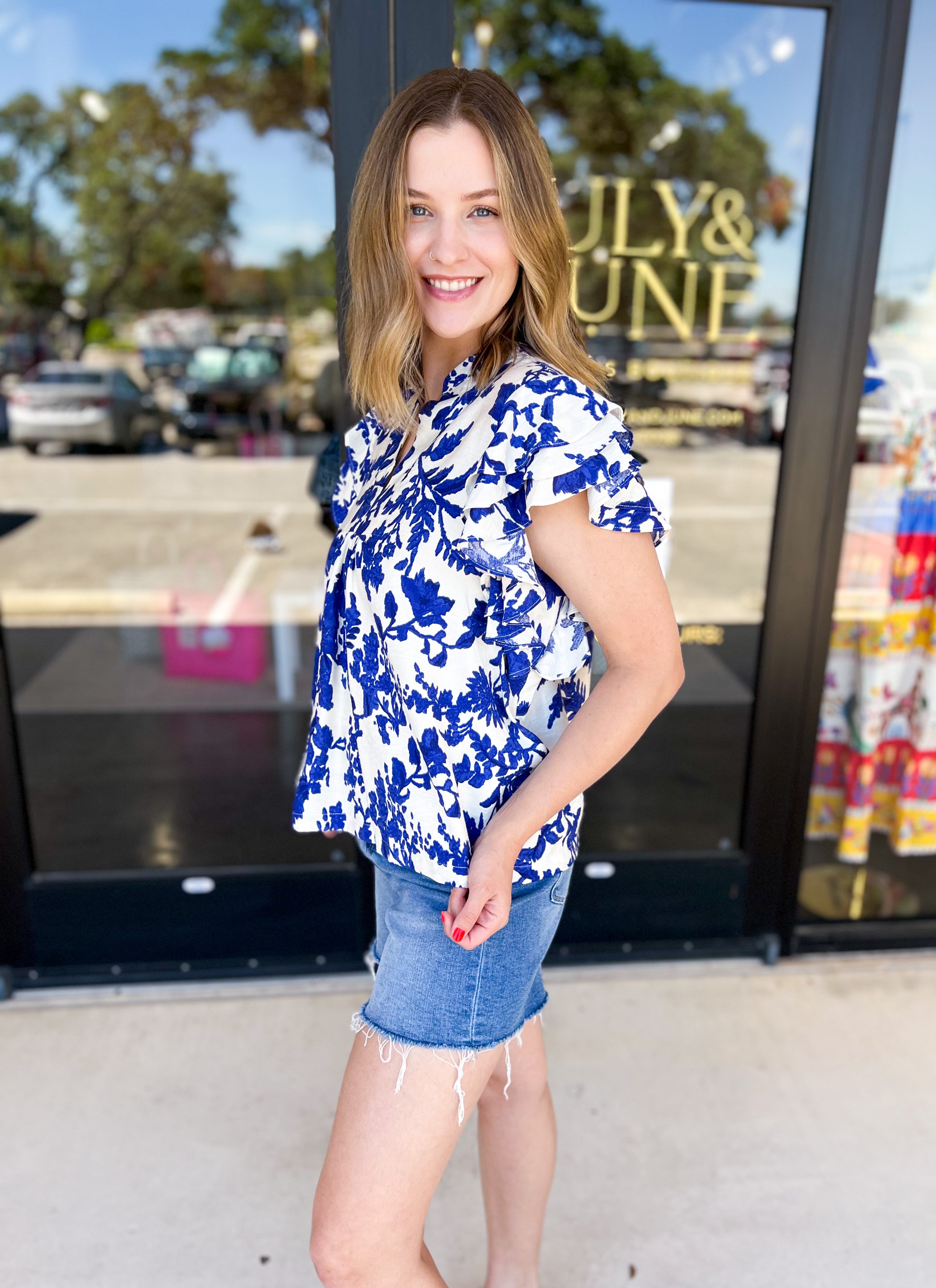 Blue Floral Ruffle Blouse-200 Fashion Blouses-PINCH-July & June Women's Fashion Boutique Located in San Antonio, Texas