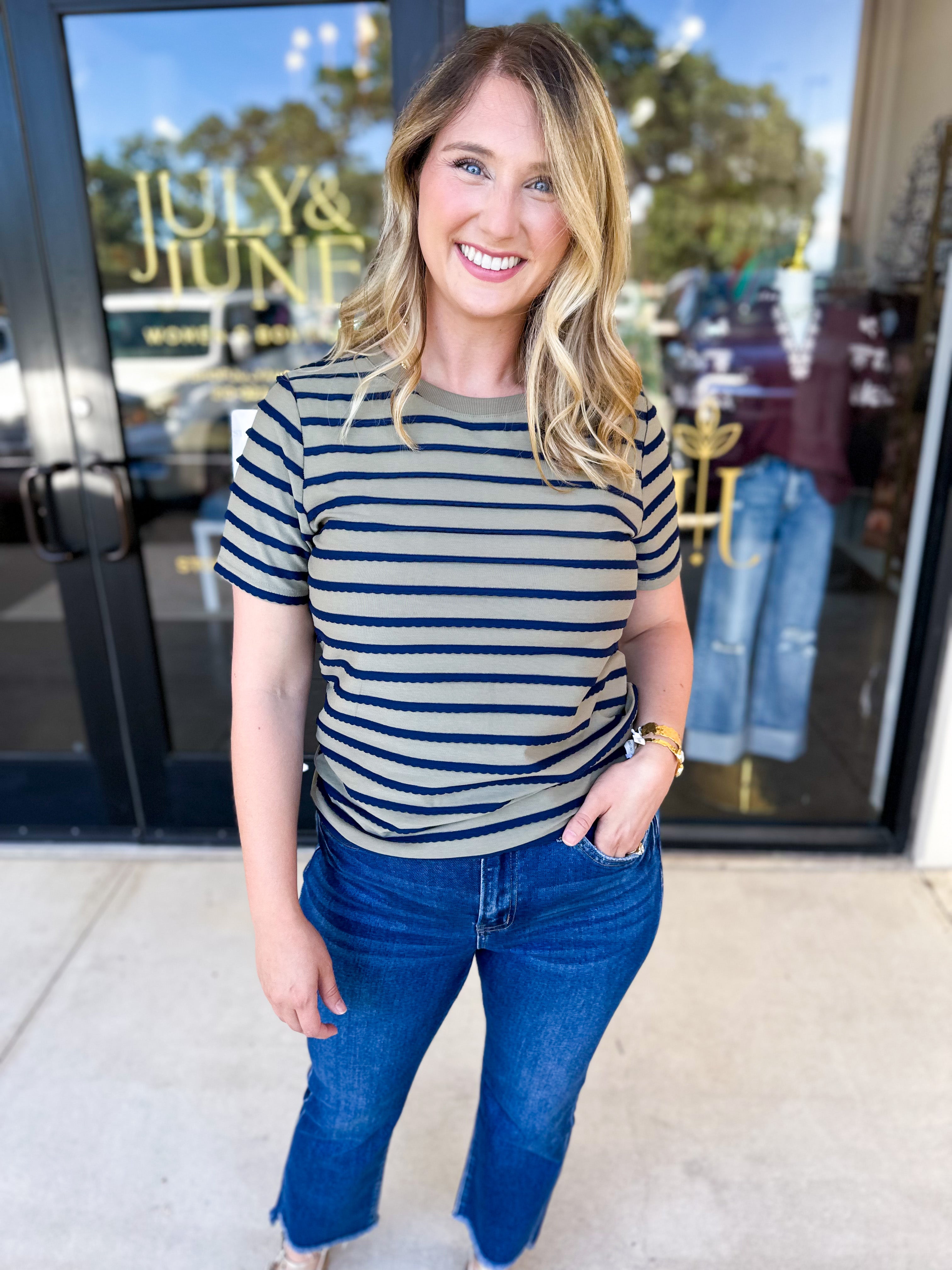 Striped Round Neck Tee - Olive-210 Casual Blouses-POLOGRAM-July & June Women's Fashion Boutique Located in San Antonio, Texas