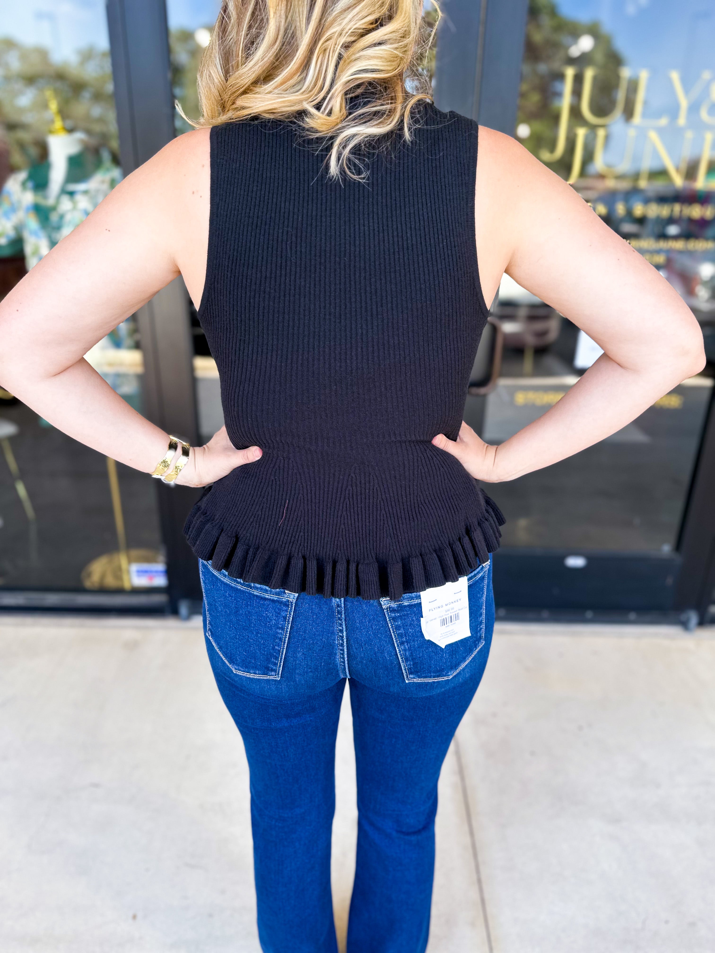 Ruffle Knit Tank Top - Black-230 Sweaters/Cardis-FATE-July & June Women's Fashion Boutique Located in San Antonio, Texas